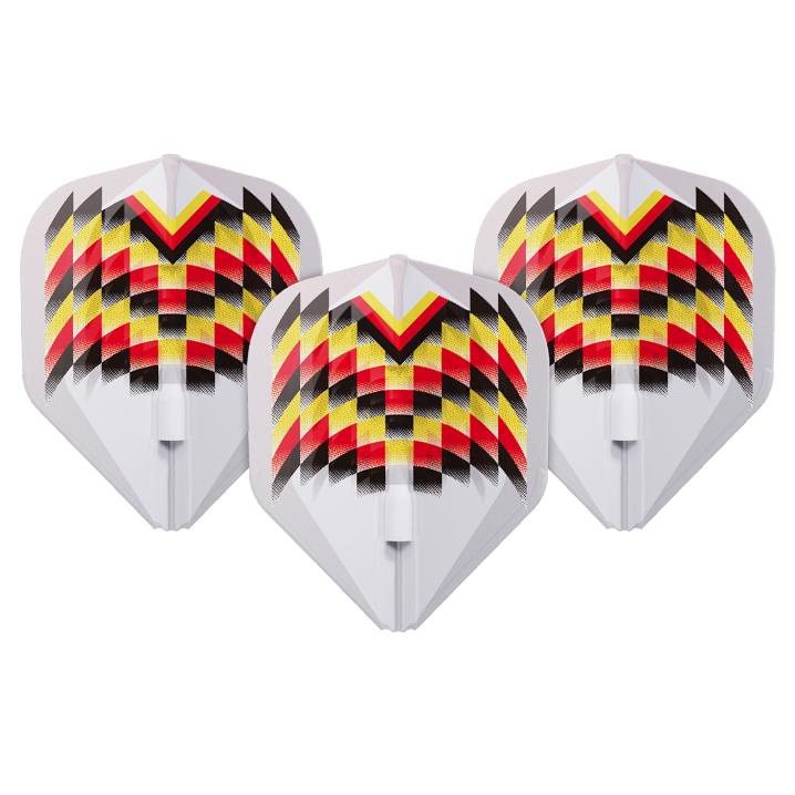 L-Style Gabriel Clemens V2 Clear White Signature Champagne L1EZ Flights Das Bild zeigt drei weiße Dartflights mit einem auffälligen Muster in Schwarz, Rot und Gelb. Das Design erinnert an die Farben der deutschen Flagge und ist symmetrisch angeordnet.