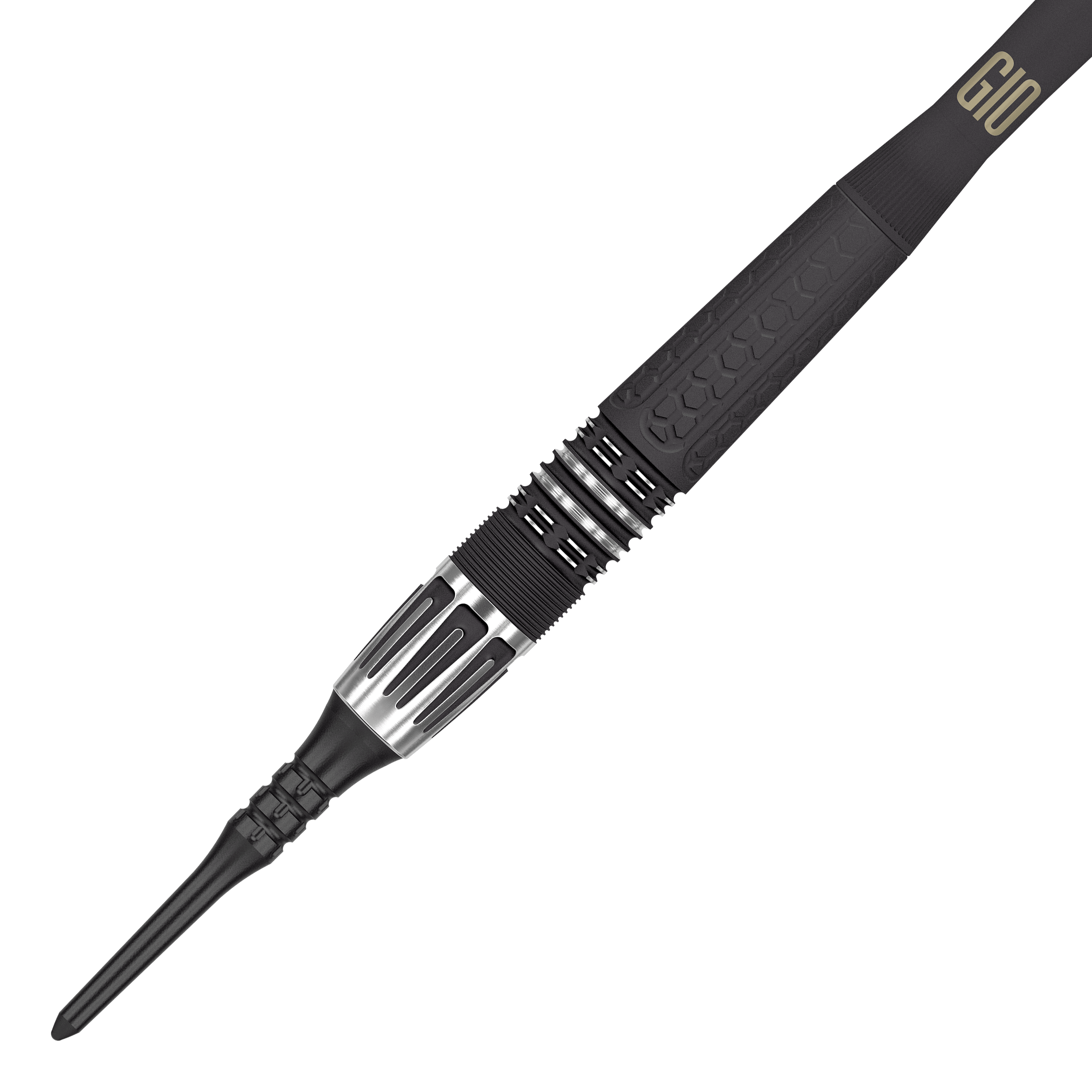 Target Phil Taylor Power 9Five GEN10 soft darts Das Bild zeigt einen modernen Softdartpfeil mit schwarzem und silbernem Design. Auf dem Griffstück steht die Aufschrift "G10".