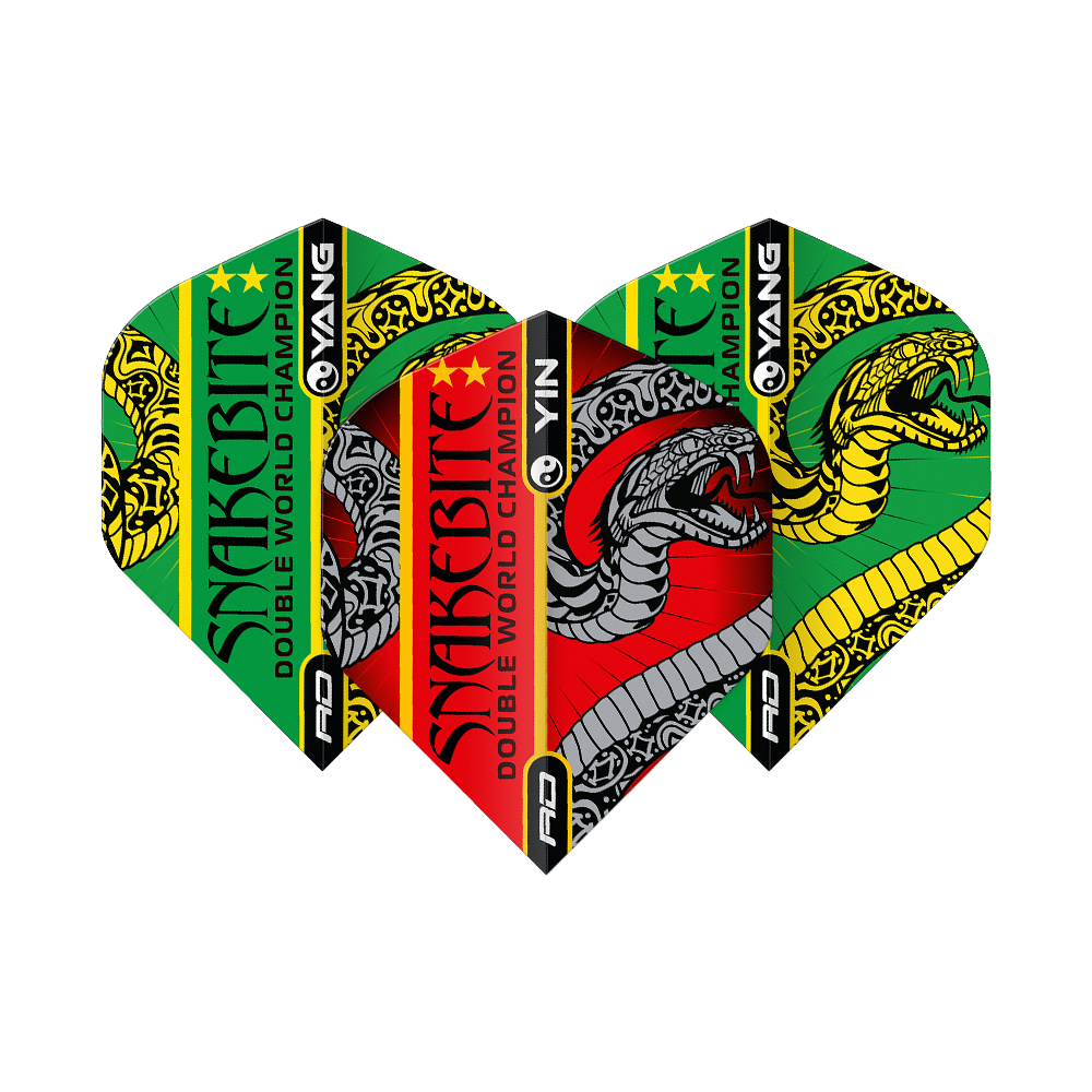 Red Dragon Peter Wright Snakebite Red Green Yin Yang Standard Flights Das Bild zeigt drei Dartflights mit bunten Farben und auffälligem Schlangen-Design. Auf den Flights steht "Snakebite Double World Champion" und sie sind in Rot, Grün, Gelb und Schwarz gestaltet.
