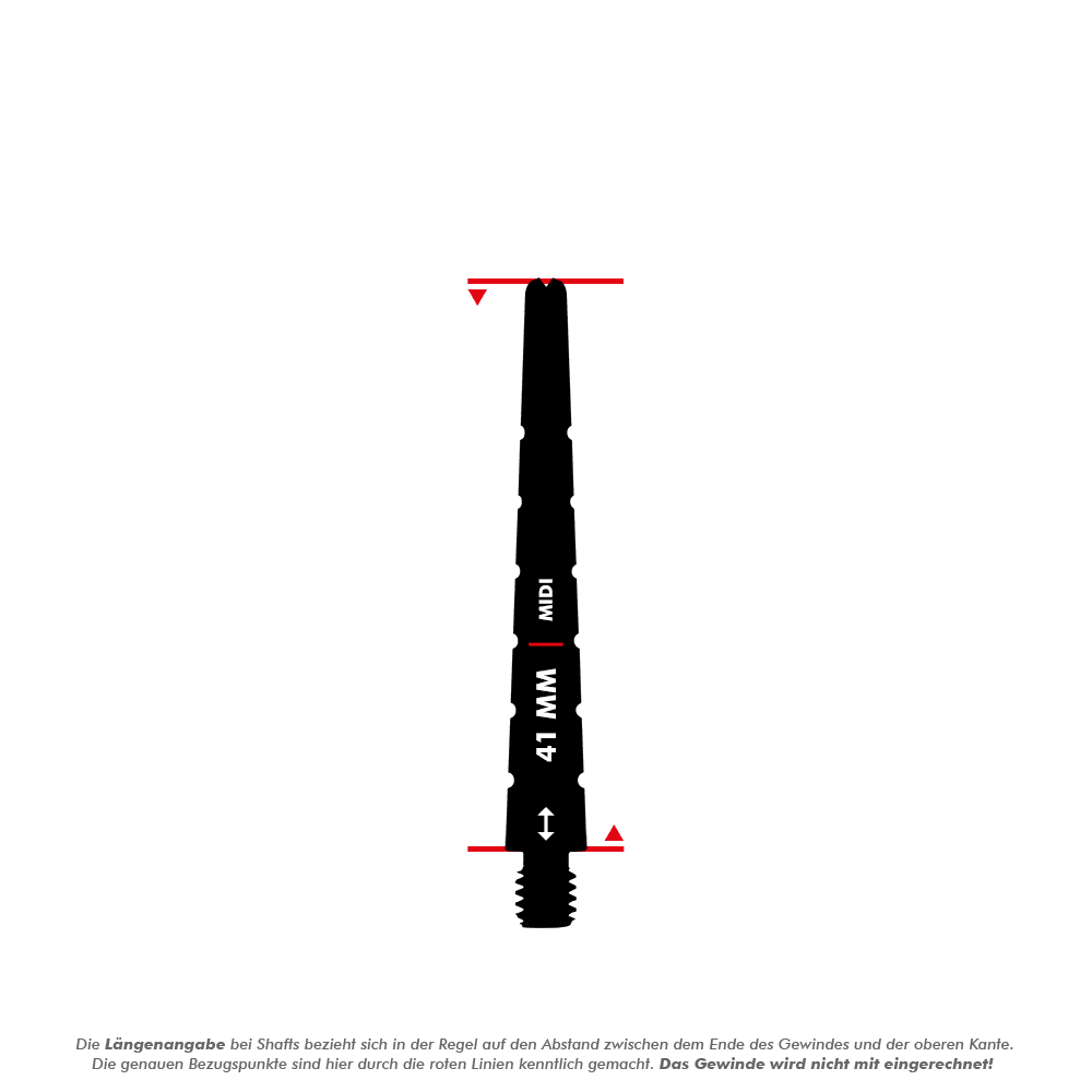 901941_Harrows_Graflite_Shafts_5_41mm Das Bild zeigt einen Harrows Graflite Shaft mit einer Länge von 41 mm. Die Länge wird vom Ende des Gewindes bis zur oberen Kante gemessen, das Gewinde ist nicht mit eingerechnet.