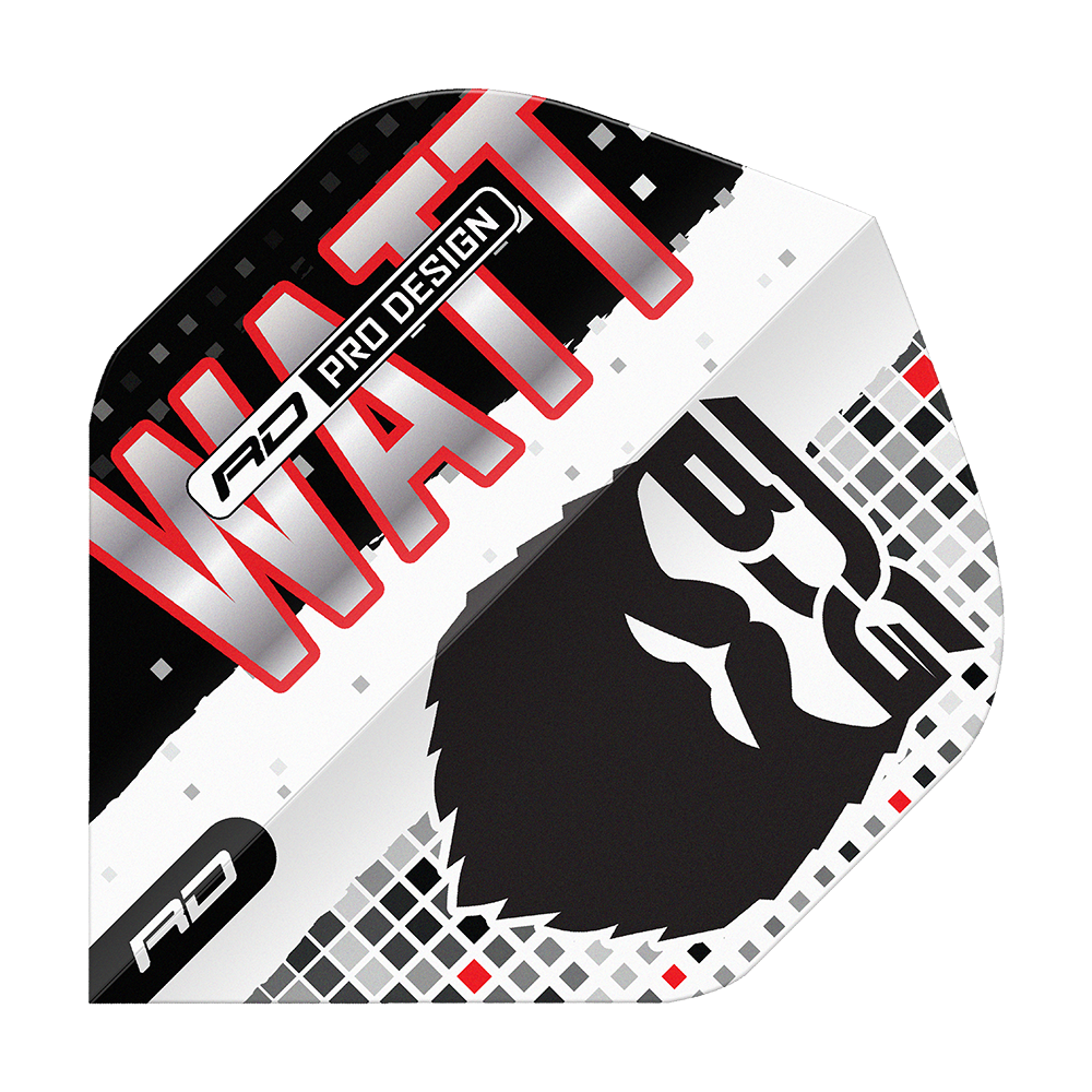 Das Bild zeigt das Produkt "Red Dragon Hardcore Jason Watt BDG Premium No2 Standard Flights". Auf dem Flight sind der Name "WATT", ein stilisiertes Gesicht und das Logo "RD" zu sehen.