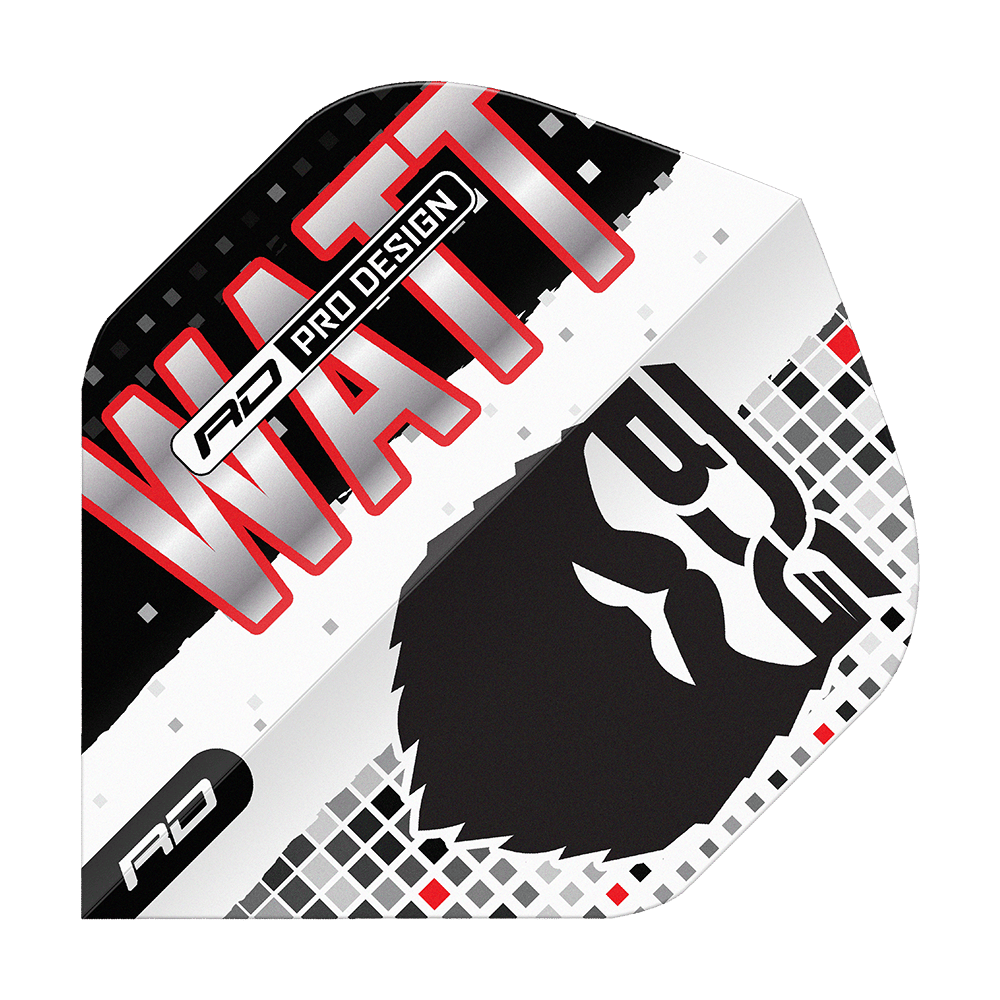 Red Dragon Hardcore Jason Watt BDG Premium No2 Standard Flights Das Bild zeigt das Produkt "Red Dragon Hardcore Jason Watt BDG Premium No2 Standard Flights". Auf dem Flight sind der Name "WATT", ein stilisiertes Gesicht und das Logo "RD" zu sehen.