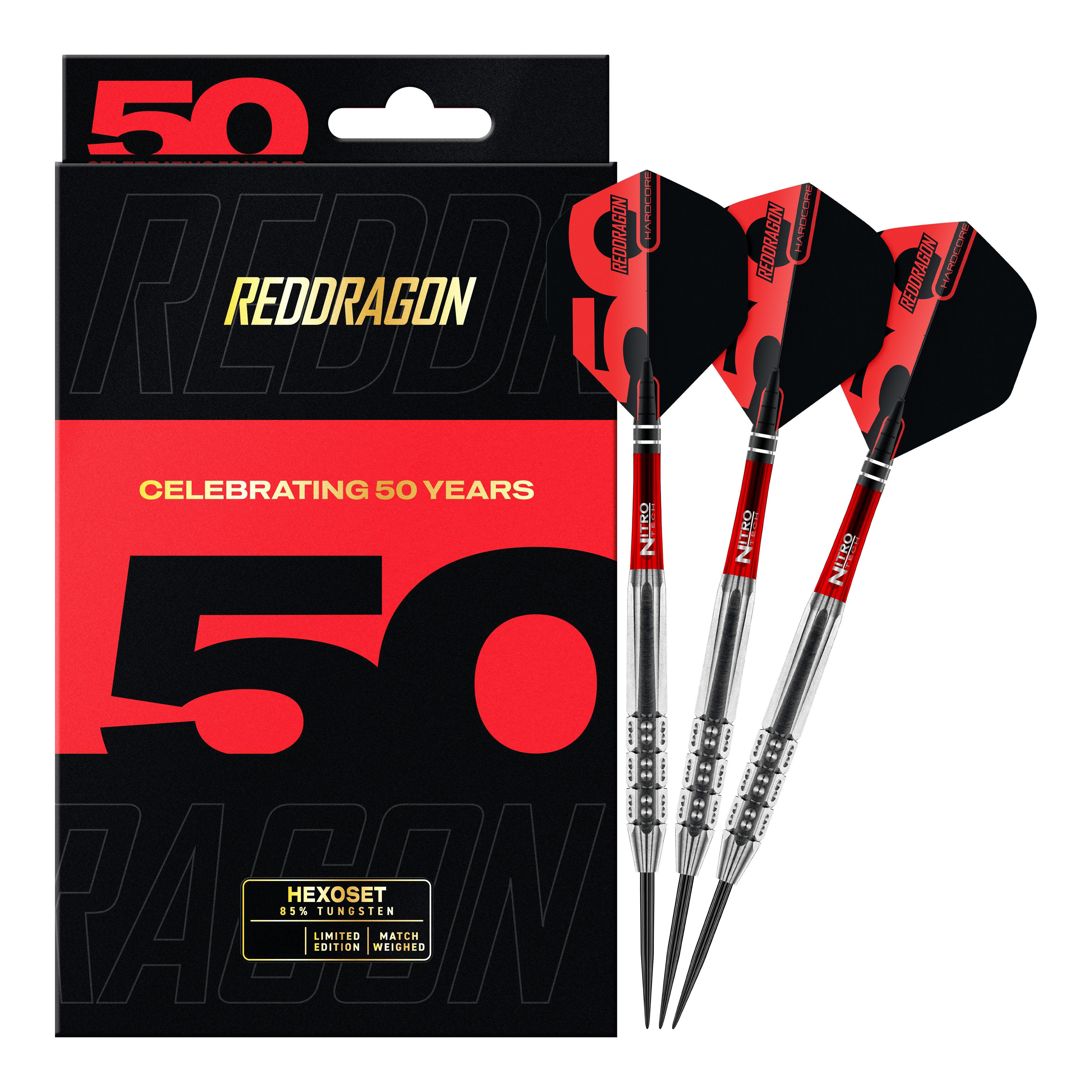 Hier sind die Red Dragon 50 Year Collection Hexoset 3 Steeldarts - 25g abgebildet. Es handelt sich um eine Sonderausgabe zum Jubiläum.