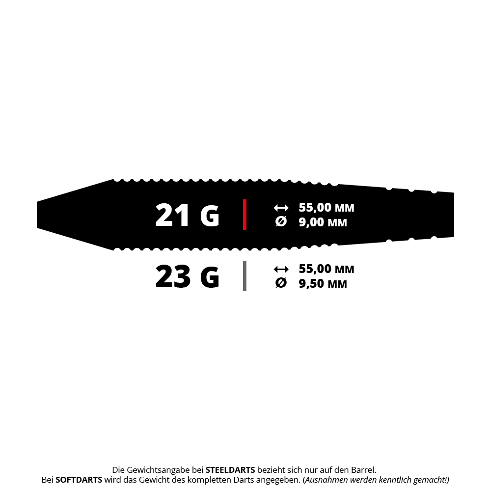 Bulls Martin Schindler The Wall Black Brass Steeldarts Das Bild zeigt die Maße und das Gewicht von Steeldarts mit 21 g und 23 g. Die Länge beträgt jeweils 55,00 mm, während der Durchmesser 9,00 mm bzw. 9,50 mm beträgt.