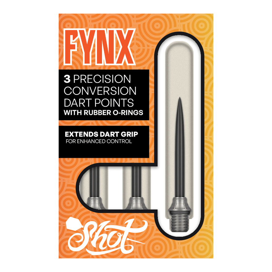 Shot Fynx Conversion Points - 32mm Das Foto zeigt die Shot Fynx Conversion Points, 32 mm lang. Diese Dartspitzen ermöglichen ein einfaches Umwechseln der Pointen.