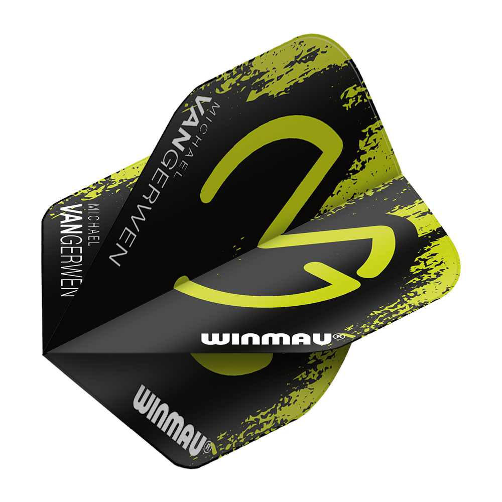 6900-234_Winmau_Mega_MvG_Green_Black_Standard_Flights_2 Das Bild zeigt ein Dart Flight mit dem Namen "Winmau Mega MvG Green Black Standard Flights". Das Flight ist schwarz mit grünen Akzenten und trägt den Schriftzug "Michael van Gerwen" sowie "Winmau".