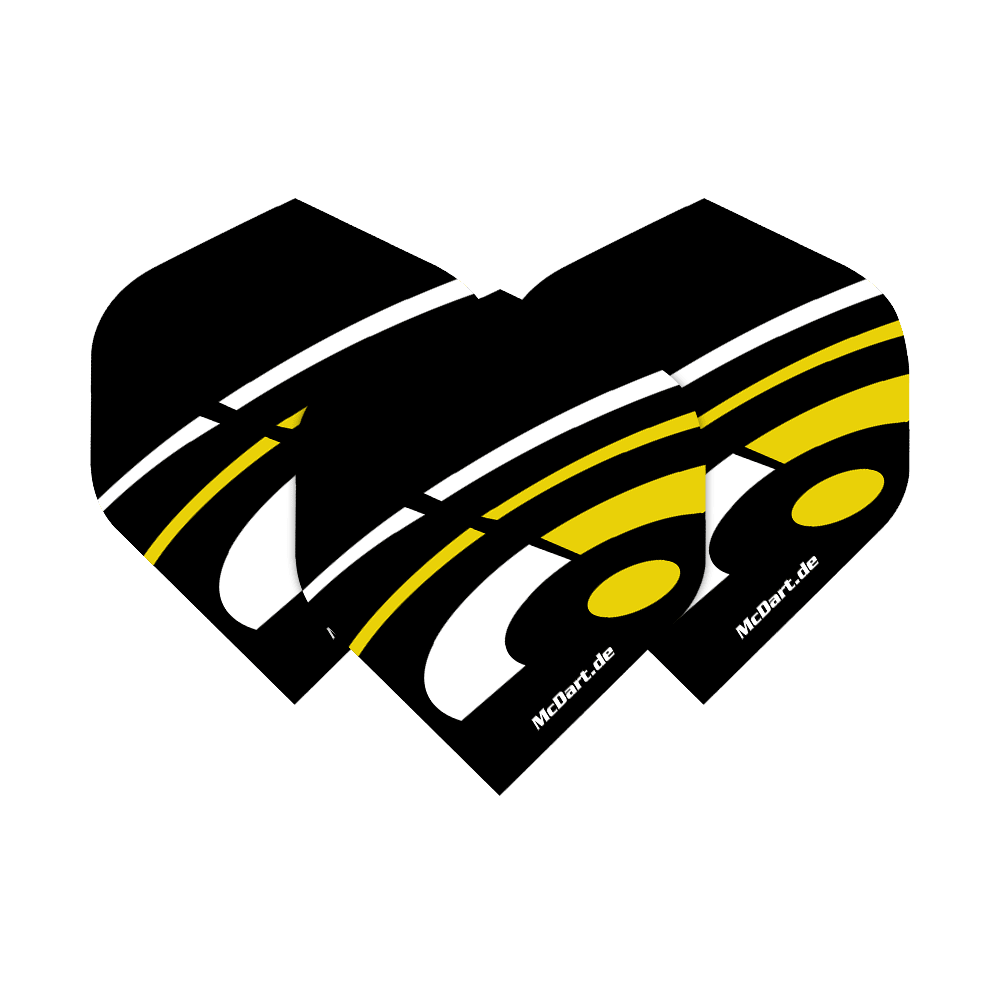 McDart ID Standard Flights - Yellow Das Bild zeigt drei McDart ID Standard Flights in der Farbe Gelb. Die Flights haben ein schwarzes Design mit weißen und gelben Akzenten sowie dem Schriftzug "McDart.de".