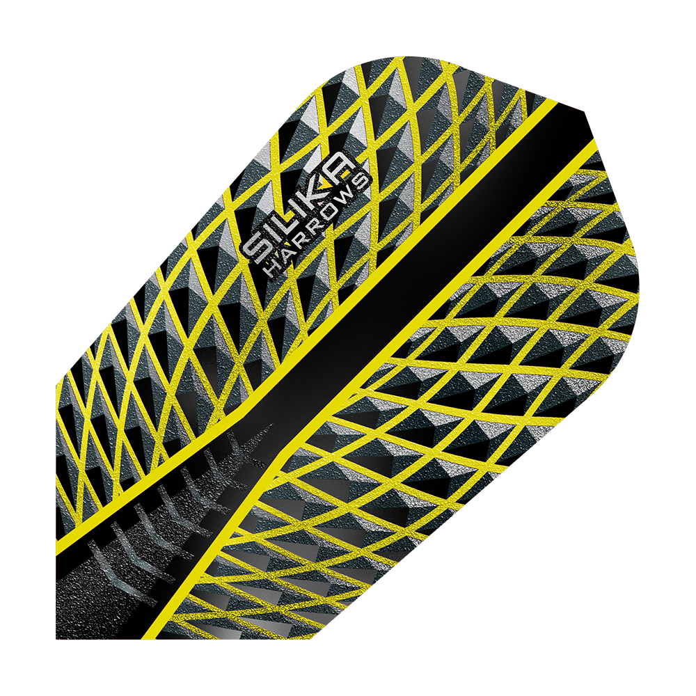 HR87_Harrows_Silika_Yellow_Slim_Flights_1NHynMKpZkuswJ Das Bild zeigt das Produkt "Harrows Silika Yellow Slim Flights". Das Design ist schwarz mit gelben und silbernen geometrischen Mustern.