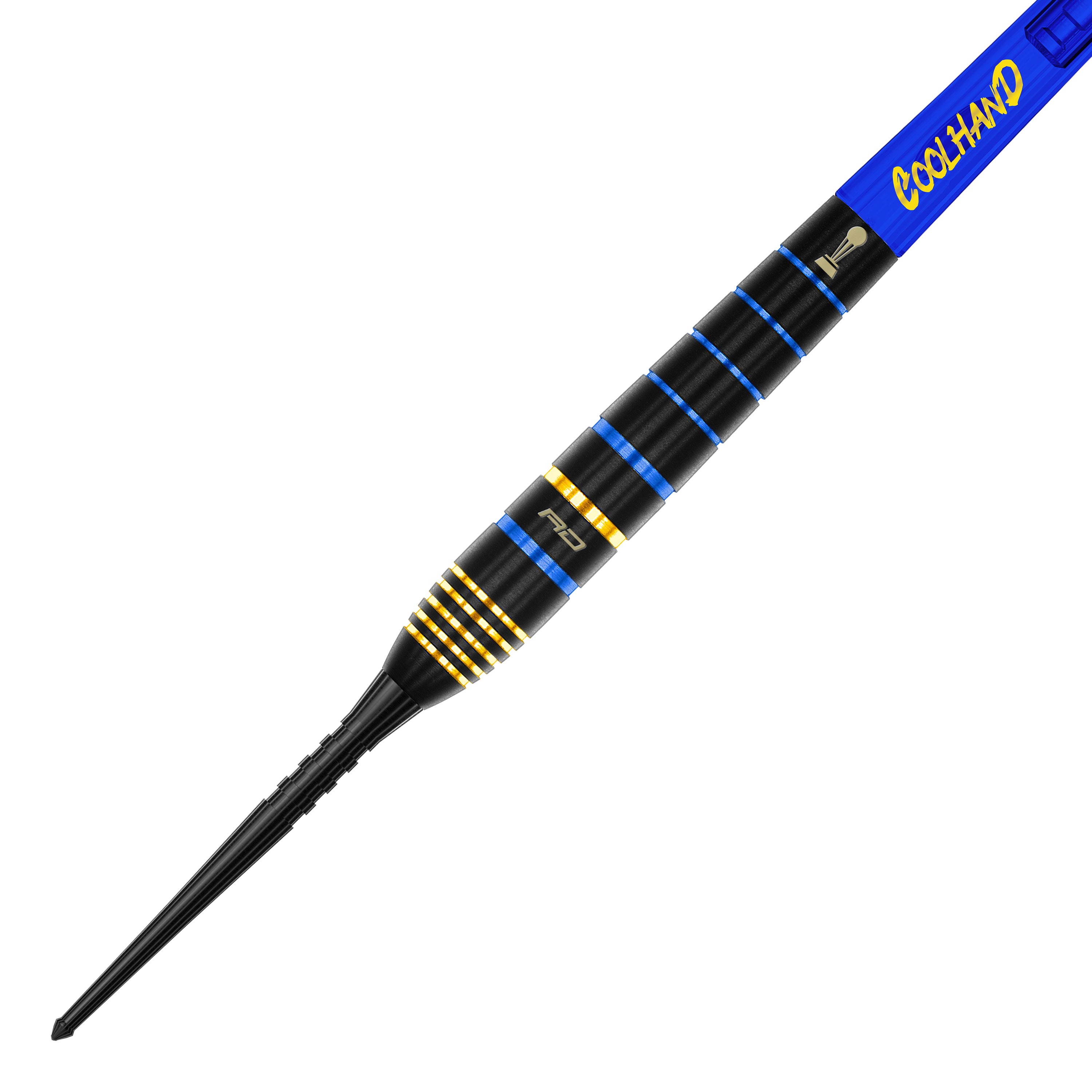 Red Dragon Luke Humphries TX4 Avenger steel darts Das Bild zeigt einen Red Dragon Luke Humphries TX4 Avenger Steeldart. Der Dart ist schwarz mit blauen und goldenen Ringen sowie einem blauen Schaft mit der Aufschrift "COOLHAND".