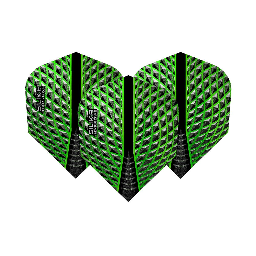HR57_Harrows_Silika_Green_No6_Flights_1735dATSWsZCvG Das Bild zeigt die Harrows Silika Green No6 Flights mit einem auffälligen grünen und silbernen Muster. Die Flights haben eine moderne, geometrische Optik mit schwarzem Mittelstreifen und dem Silika Harrows Logo.