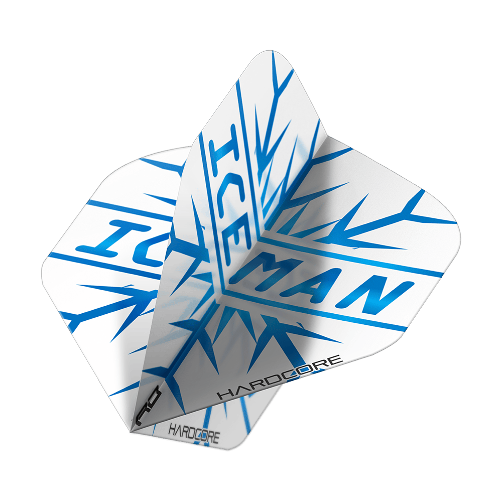 Das Bild zeigt ein Set von Dartflights mit der Aufschrift "ICEMAN" in blau. Die Flights sind überwiegend weiß und haben ein auffälliges Eismuster-Design.