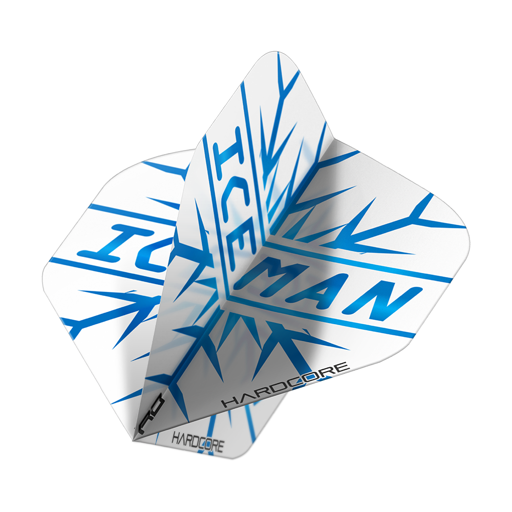 X0808_Red_Dragon_Gerwyn_Price_Hardcore_Flight_Set_2 Das Bild zeigt ein Set von Dartflights mit der Aufschrift "ICEMAN" in blau. Die Flights sind überwiegend weiß und haben ein auffälliges Eismuster-Design.