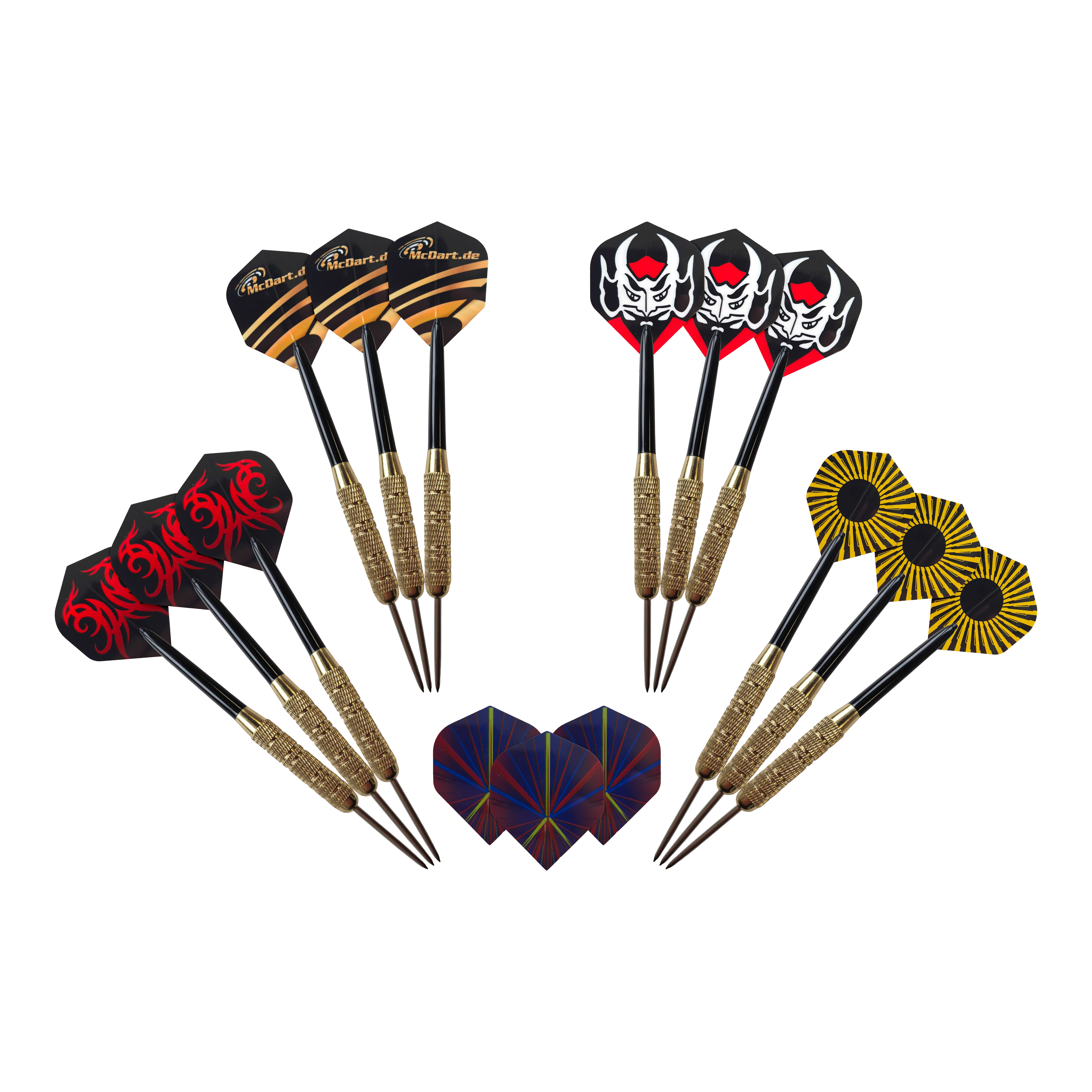 Abgebildet ist das Winmau Blade 6 Bundle mit 12 McDart Steeldarts und Catchring. Das Bild zeigt vermutlich das komplette Darts-Set.