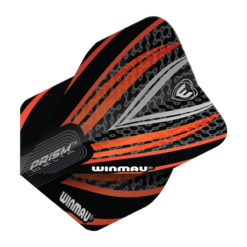 Das Bild zeigt ein Winmau Prism Delta Flight in den Farben Schwarz, Weiß und Orange. Das Flight hat ein modernes, auffälliges Muster mit dem Winmau-Logo und Schriftzug.