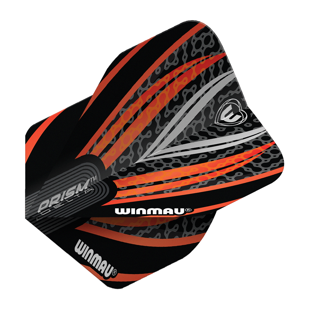 Winmau Prism Delta Black White Orange No. 2 Standard Flights Das Bild zeigt ein Winmau Prism Delta Flight in den Farben Schwarz, Weiß und Orange. Das Flight hat ein modernes, auffälliges Muster mit dem Winmau-Logo und Schriftzug.