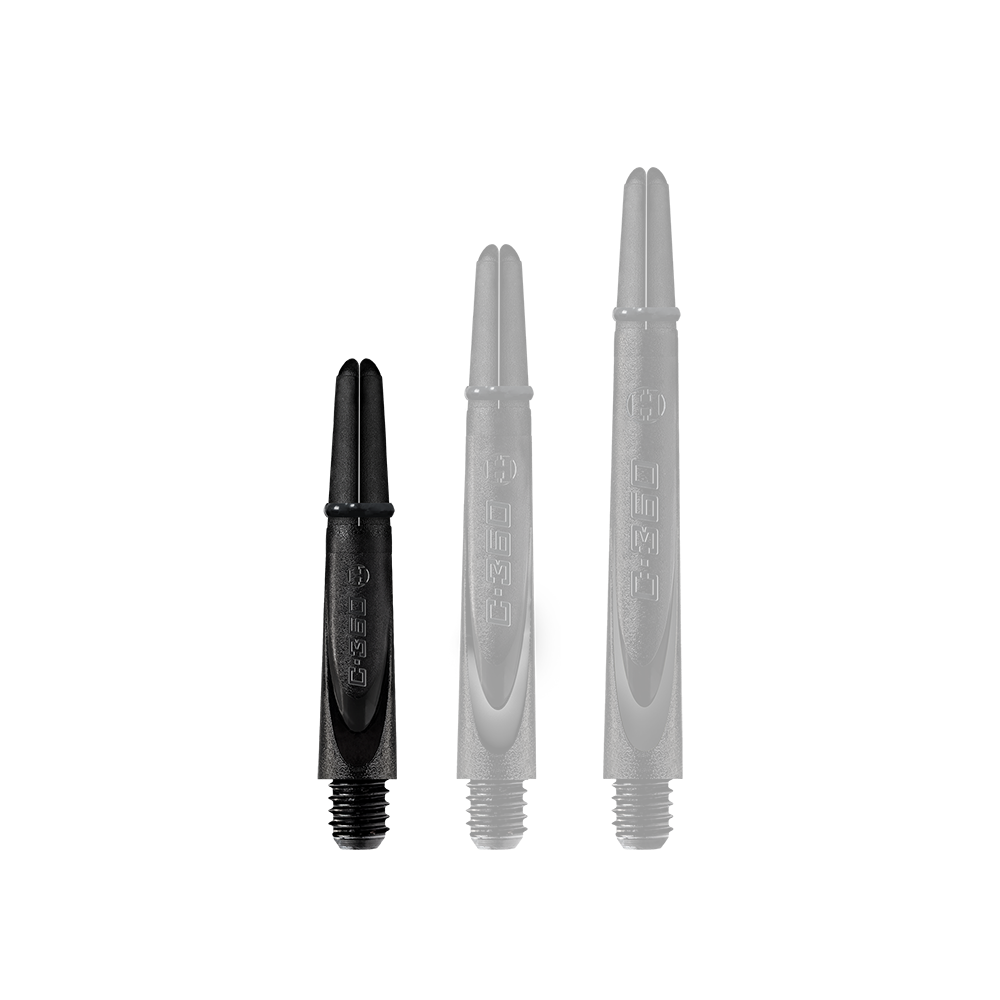 HR458_Harrows_Carbon_360_Shafts_Schwarz_35mm_1 Das Bild zeigt drei schwarze Harrows Carbon 360 Shafts in unterschiedlichen Längen. Sie sind nebeneinander aufgereiht und haben ein schlichtes, modernes Design.