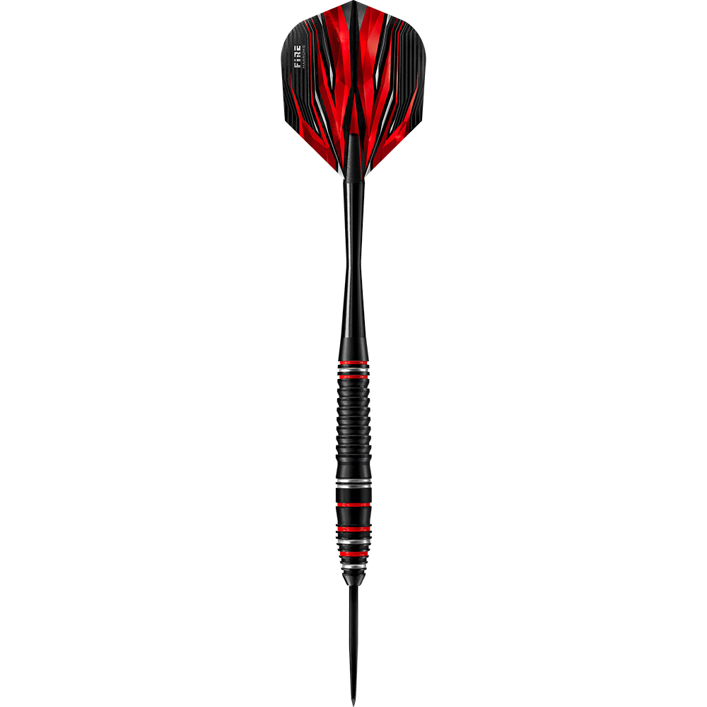 HA28825_Harrows_Fire_High_Grade_Alloy_Steeldarts_1lMWoNqs4Qb8ck Auf dem Bild ist der Harrows Fire High Grade Alloy Steeldart zu sehen. Der Dartpfeil hat ein auffälliges Design in Schwarz und Rot.