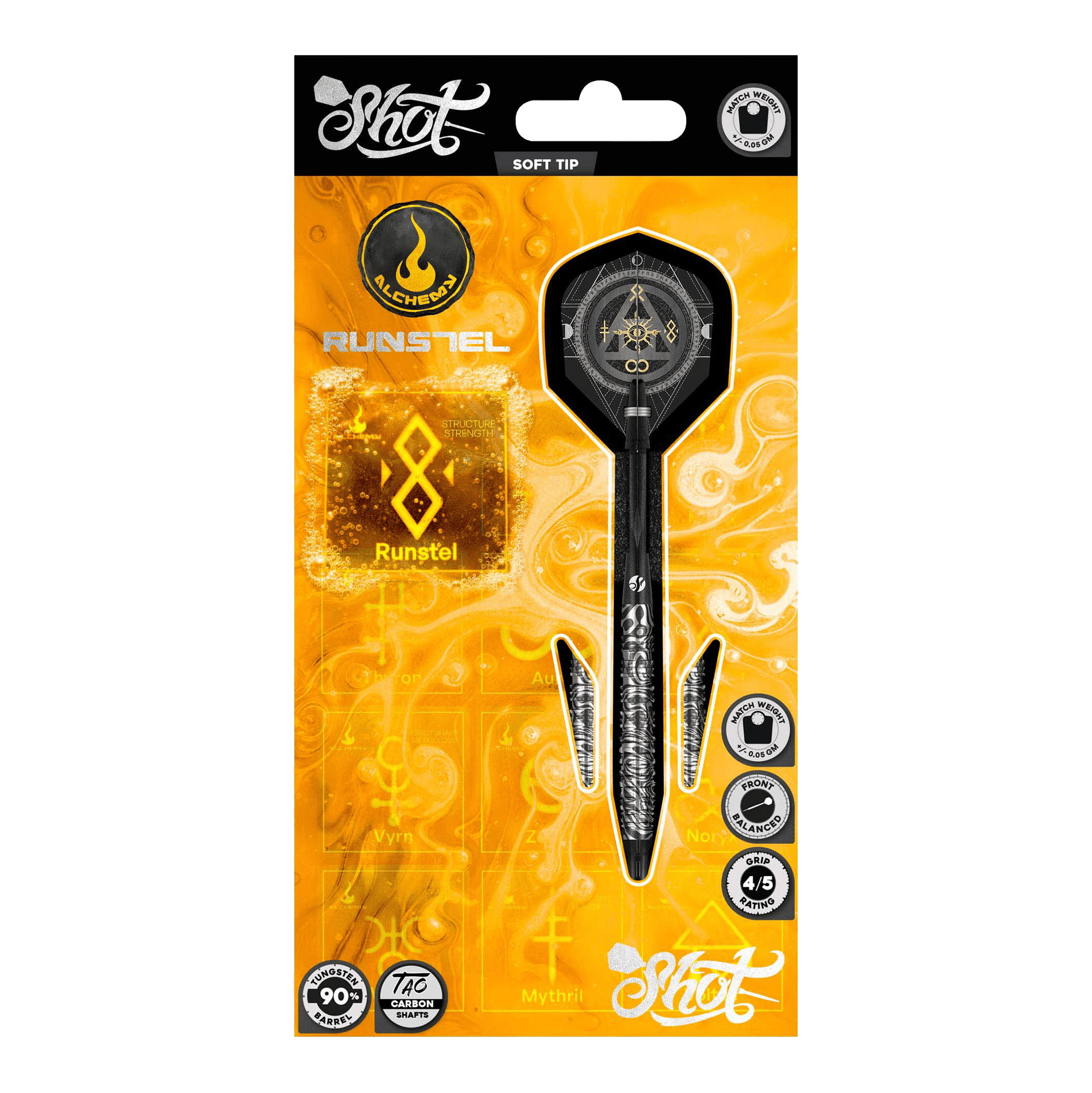 Shot Alchemy Runstel Soft Darts - 20g Das Foto zeigt die 20g Shot Alchemy Runstel Softdarts. Die Darts sind ideal für Spieler, die Wert auf Qualität legen.