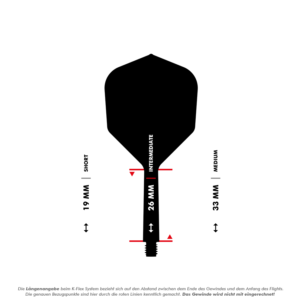 Target K-Flex No2 Standard Flight System - Red Das Bild zeigt eine Dart-Flightschafte mit Längenangaben in Millimetern. Es werden die drei Längen "Short" (19 mm), "Intermediate" (26 mm) und "Medium" (33 mm) dargestellt.