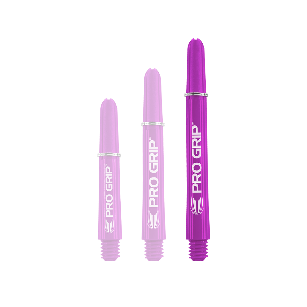 Target Pro Grip Shafts - 3 Sets - Purple Das Bild zeigt drei lilafarbene PRO GRIP Dartschäfte in unterschiedlichen Längen. Sie sind nebeneinander angeordnet und haben jeweils weiße Schrift und Markierungen.