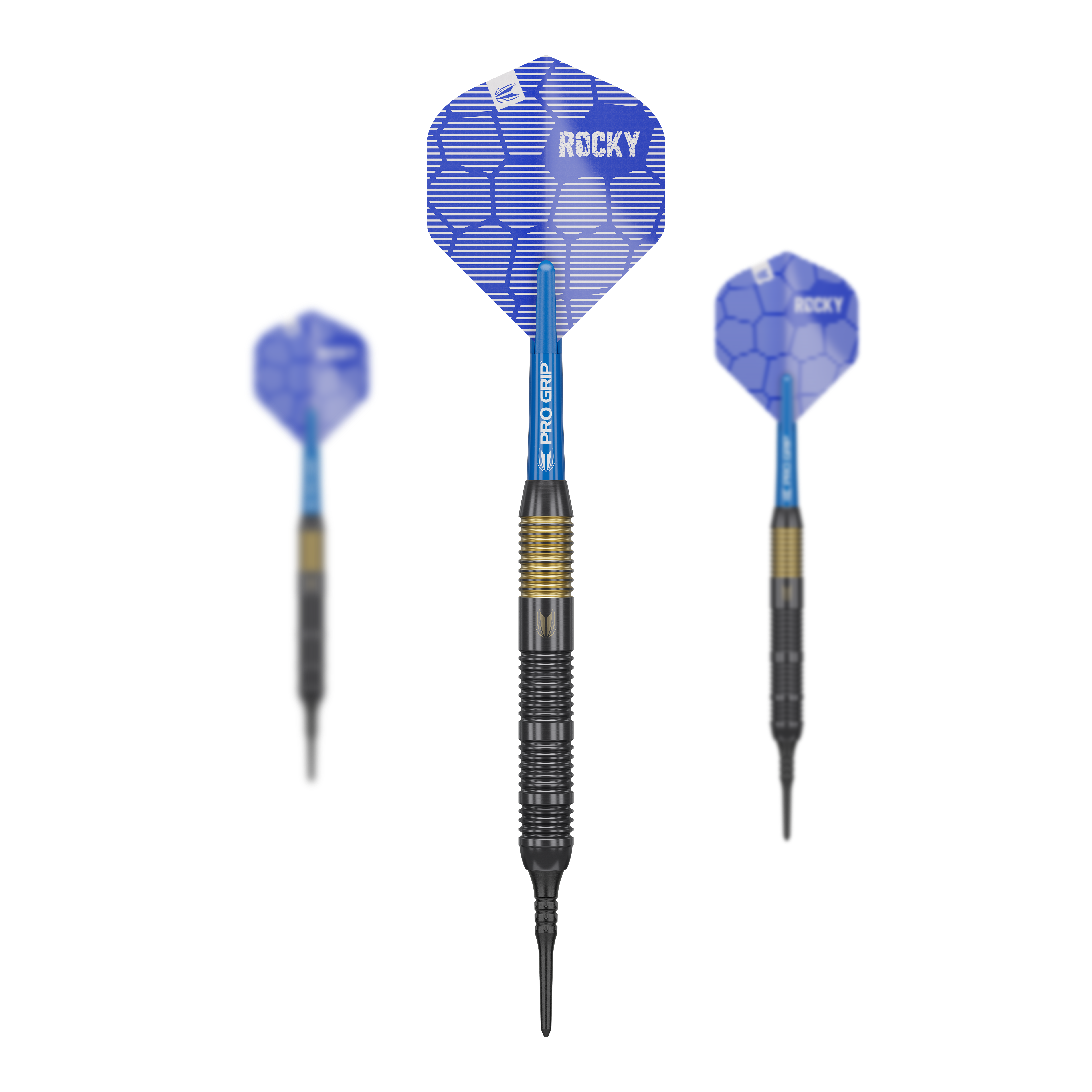 Target Josh Rock Brass Soft Darts - 18g Das Bild zeigt drei Softdarts des Modells "Target Josh Rock Brass Softdarts - 18g". Die Darts haben blaue Flights mit der Aufschrift "ROCKY" und einem schwarz-goldenen Barrel.