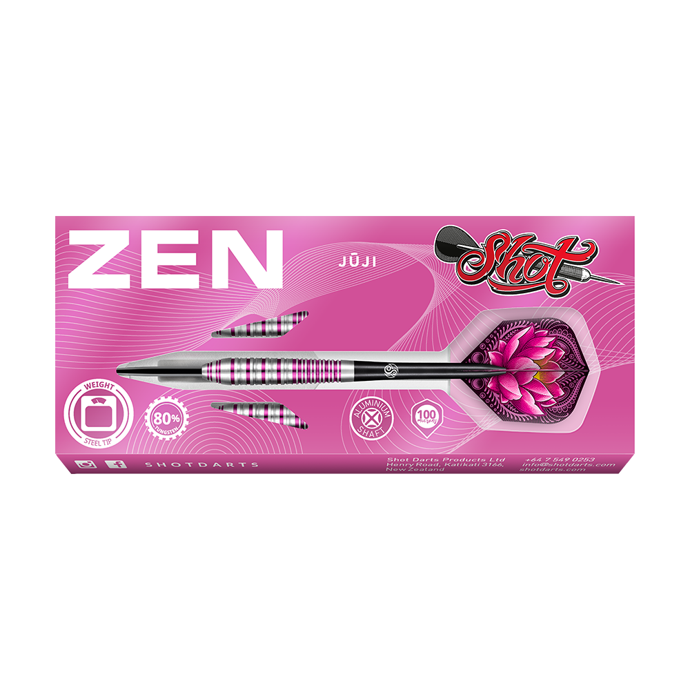 67163_Shot_ZEN_Juji_Steeldarts_3 Die Verpackung zeigt einen Satz Steeldarts mit dem Namen "ZEN Jūji" in einem pinken Design. Auf der Dart-Flügel ist eine rosa Lotusblume abgebildet.