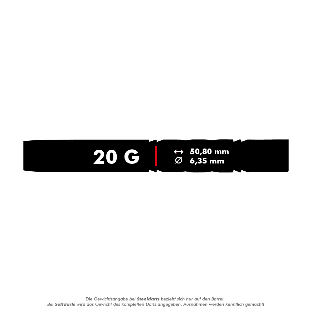 Das Bild zeigt den Red Dragon Gerwyn Price Avalanche Gold Softdart mit einem Gewicht von 20 Gramm. Die Länge beträgt 50,80 mm und der Durchmesser 6,35 mm.