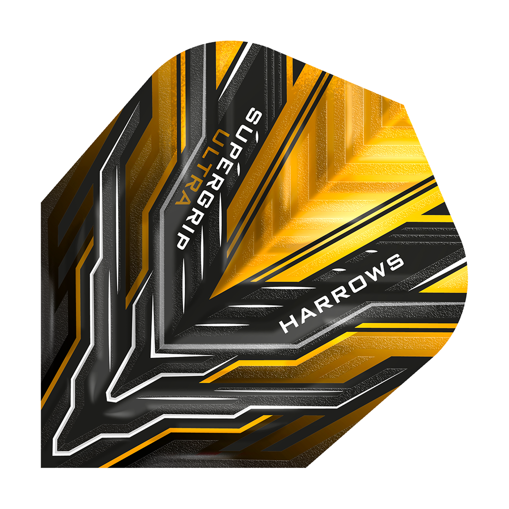 HR12_Harrows_Supergrip_Ultra_Sunset_Gold_Standard_Flights_1iQepwXjx1KEmJ Dies ist das Produkt "Harrows Supergrip Ultra Sunset Gold Standard Flights". Das Flight hat ein modernes Design in Schwarz, Gold und Silber mit dem Markennamen und Produktnamen darauf.