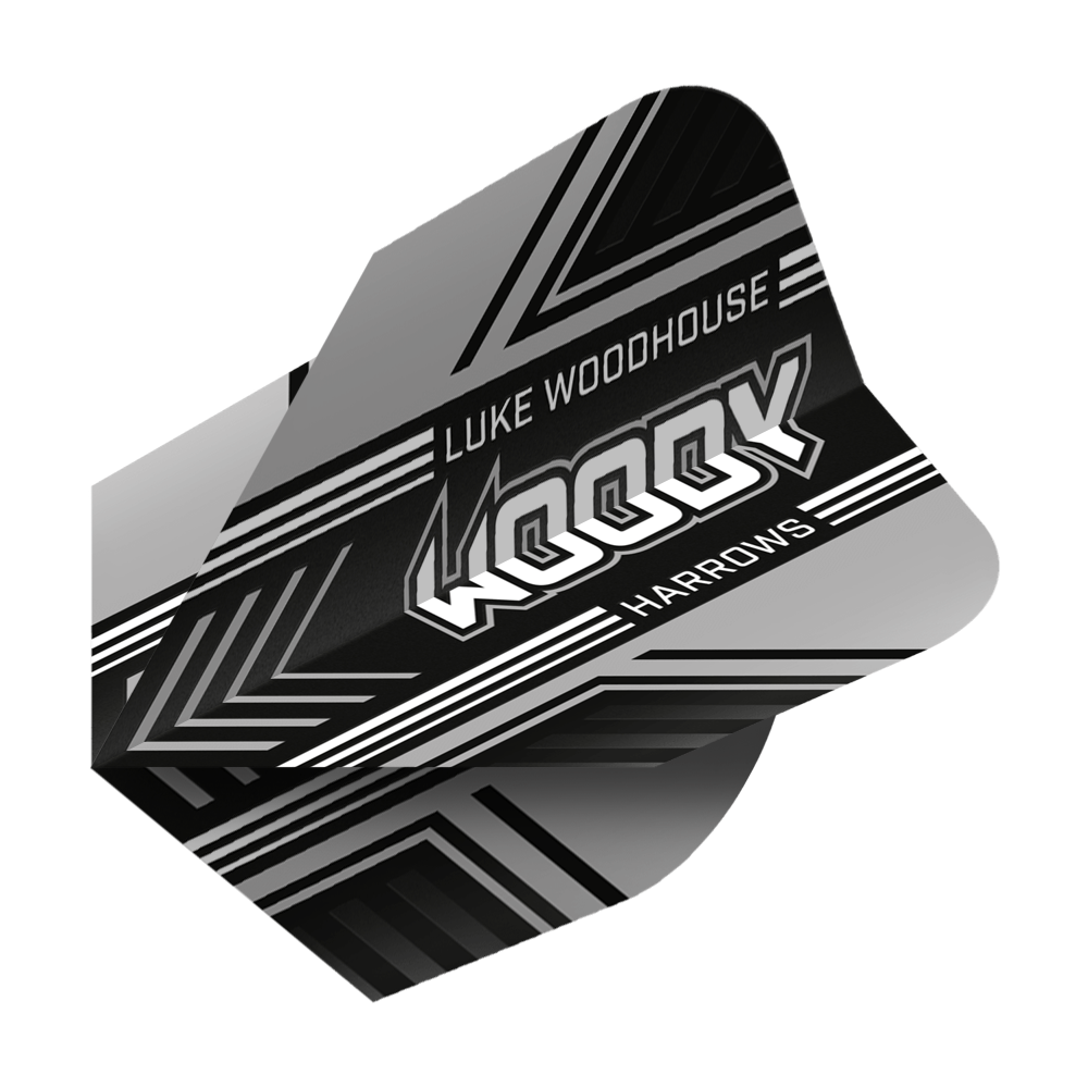 Harrows Prime Luke Woodhouse Woody No6 Flights Auf dem Bild ist ein schwarzer Dartflight mit weißen und grauen Mustern zu sehen. Der Flight trägt die Aufschrift "Luke Woodhouse WOODY Harrows".