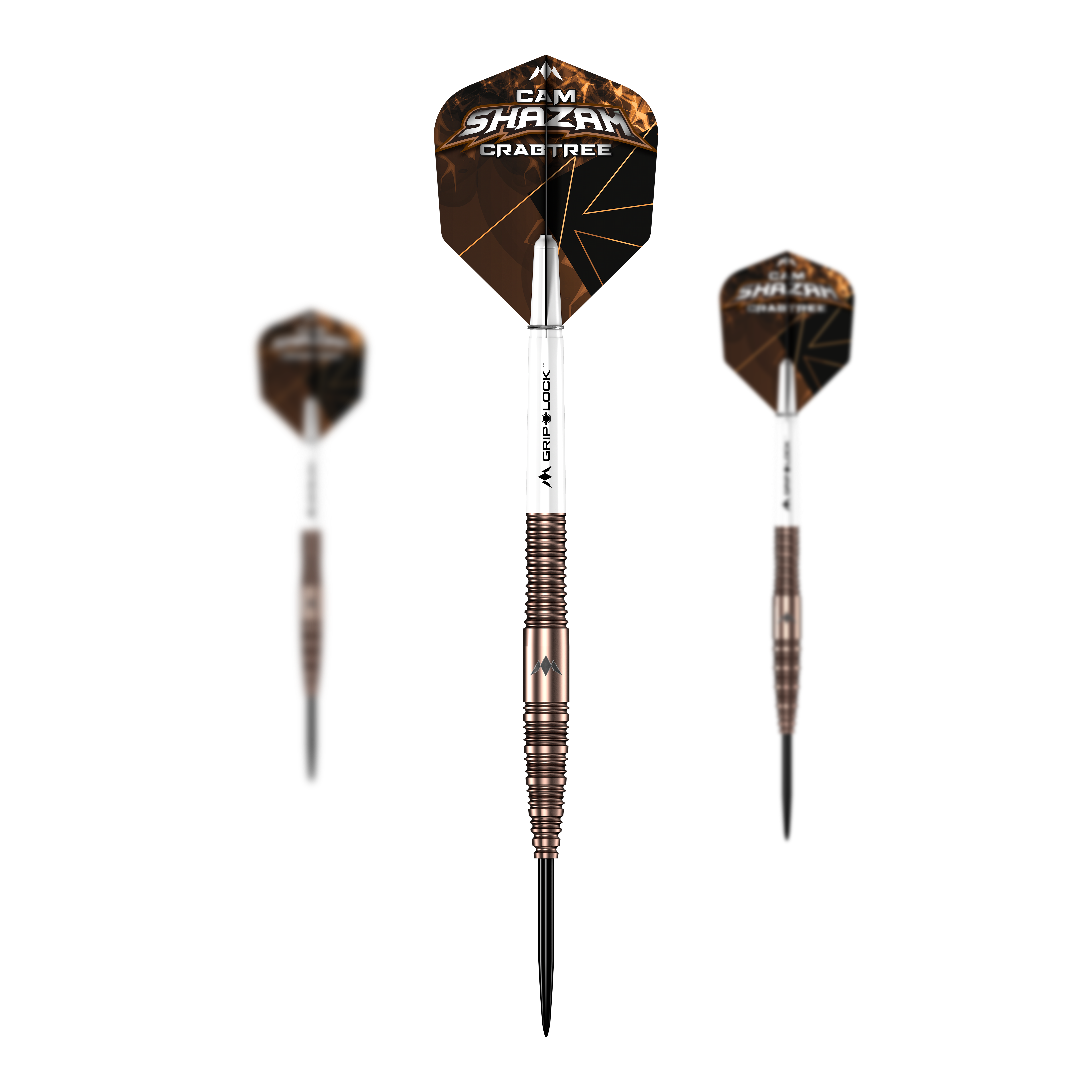 Das Bild präsentiert ein Set der Mission Cam Crabtree V2 Steeldarts. Mehrere Dartpfeile werden gemeinsam gezeigt.