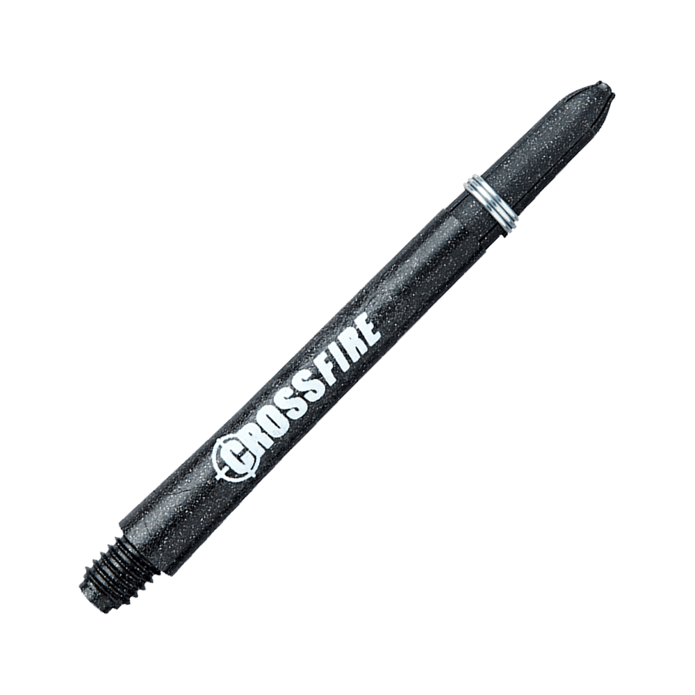 Das Bild zeigt einen schwarzen Dart-Schaft mit der Aufschrift "Crossfire". Es handelt sich um das Produkt "RedDragon Crossfire Carbon Fibre Shafts".