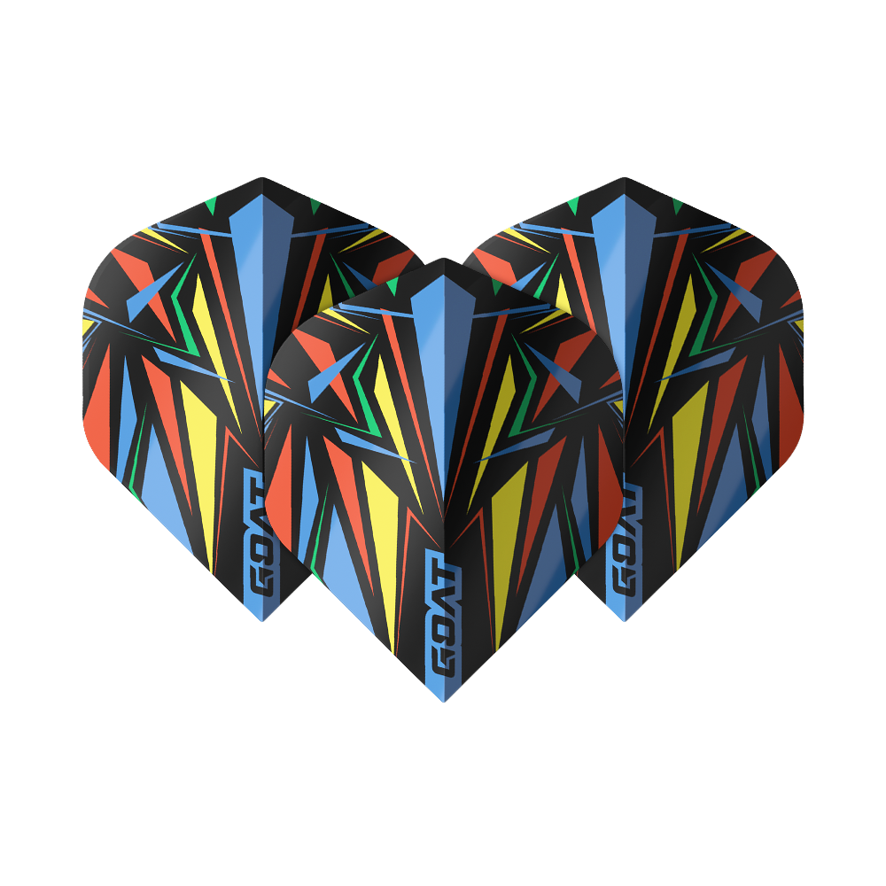 GOAT Athlete Blue No2 Standard Flights Das Bild zeigt drei bunte Dart-Flights mit geometrischem Muster in Blau, Gelb, Rot und Grün. Auf jedem Flight steht das Wort „GOAT“ am unteren Rand.