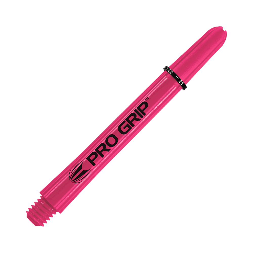 Target Pro Grip Shafts - 3 Sets - Pink Das Bild zeigt einen pinken Pro Grip Dartshaft. Auf dem Schaft steht in schwarzer Schrift „PRO GRIP“.