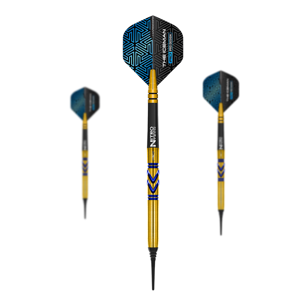 Red Dragon Gerwyn Price Avalanche Gold Softdarts - 20g Das Bild zeigt die "Red Dragon Gerwyn Price Avalanche Gold Softdarts - 20g". Die Darts haben einen goldenen Schaft mit blauen Akzenten und schwarze Flights mit blauem Muster.