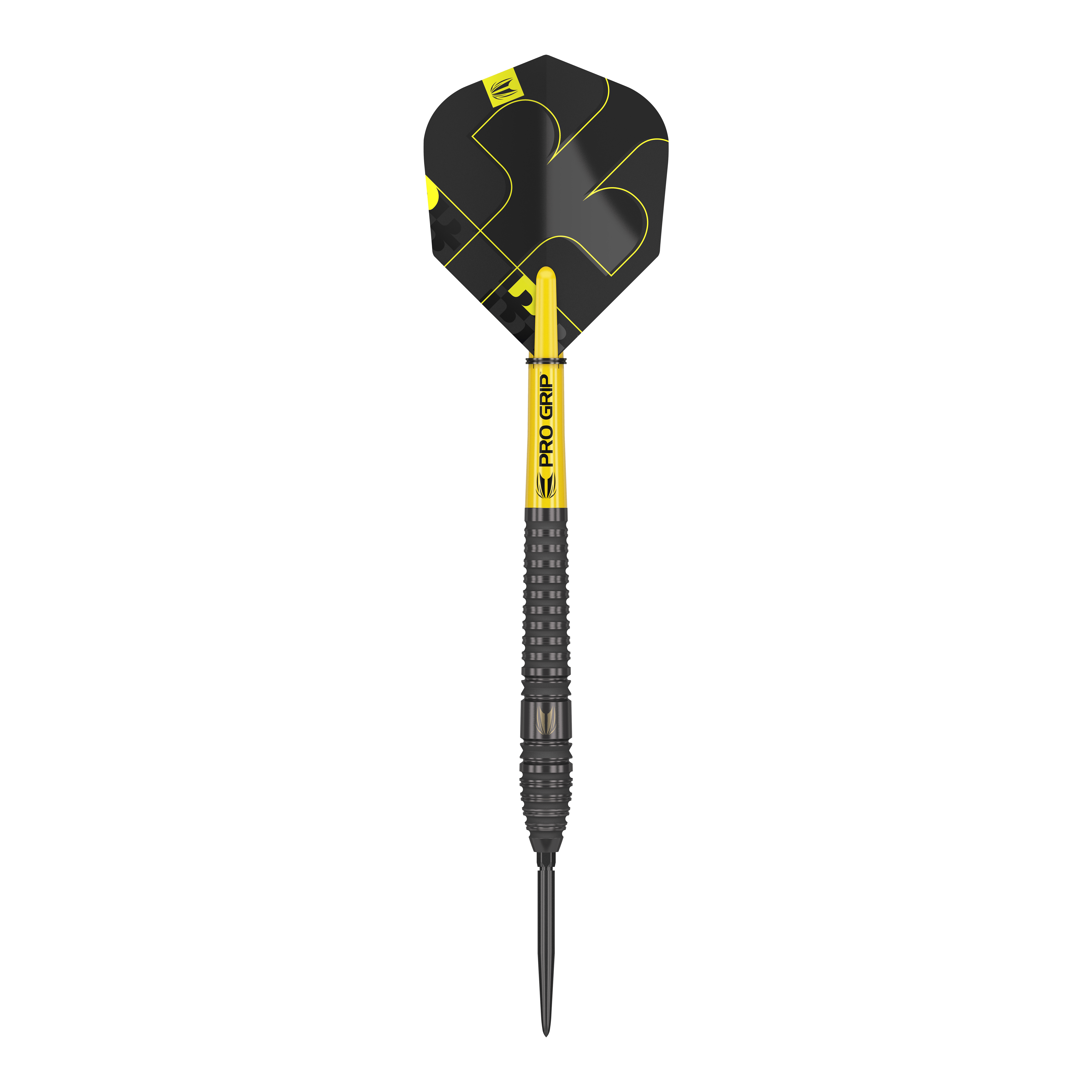 Target Bolide Void 03 Swiss Point steel darts Auf dem Bild ist ein Target Bolide Void 03 Swiss Point Steeldart zu sehen. Der Dart ist schwarz mit gelben Akzenten und hat eine strukturierte Griffzone.