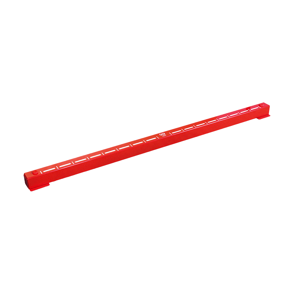 Das Bild zeigt das Produkt "Bulls Oky Metall Oche". Es ist eine lange, rote Metallleiste mit weißen Markierungen.