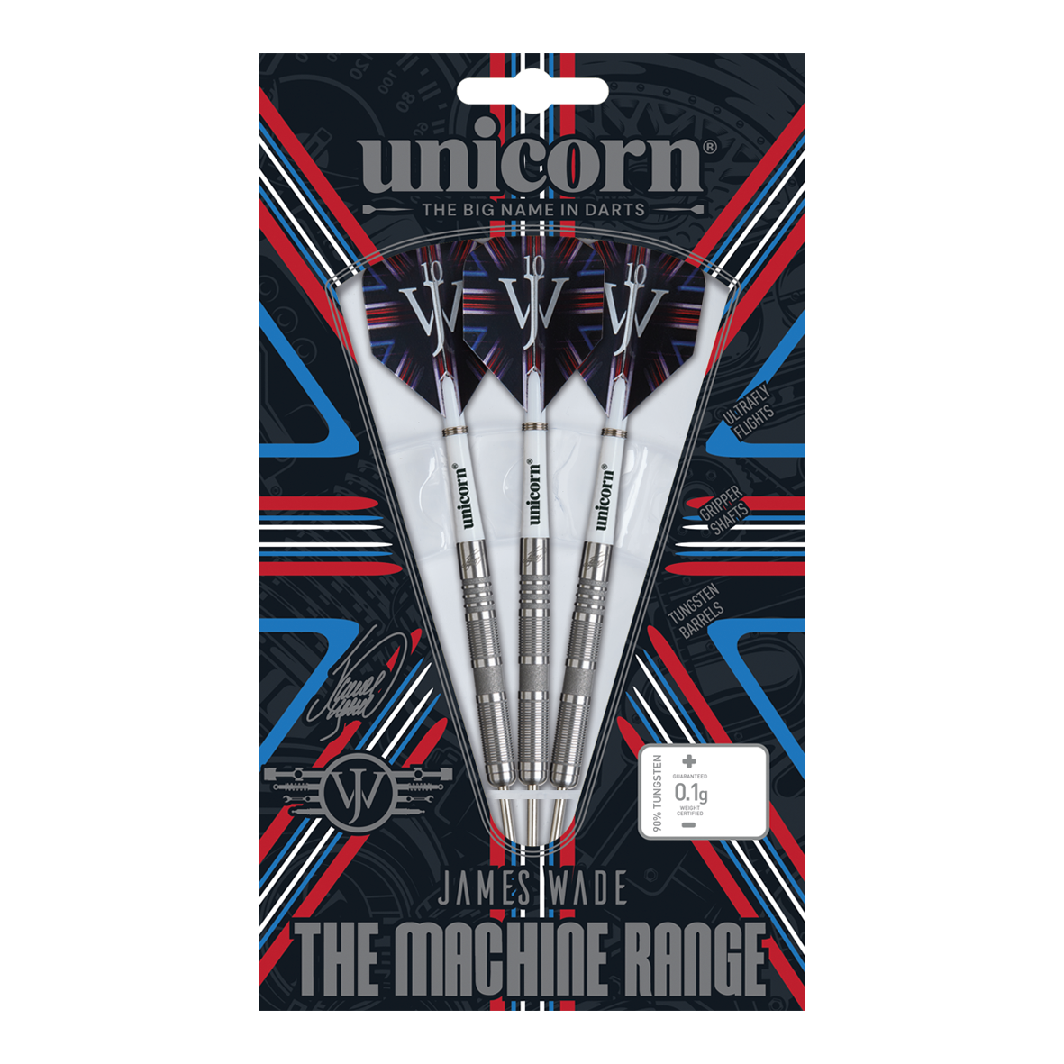 Das Bild zeigt eine Packung Steeldarts der Marke "Unicorn" aus der James Wade The Machine Range Phase 4. Die drei silbernen Darts sind in einer auffällig gestalteten Verpackung mit roten, blauen und weißen Akzenten präsentiert.