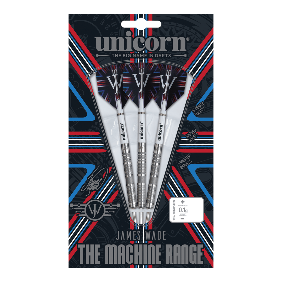 Unicorn James Wade The Machine Range Phase 4 Steeldarts Das Bild zeigt eine Packung Steeldarts der Marke "Unicorn" aus der James Wade The Machine Range Phase 4. Die drei silbernen Darts sind in einer auffällig gestalteten Verpackung mit roten, blauen und weißen Akzenten präsentiert.