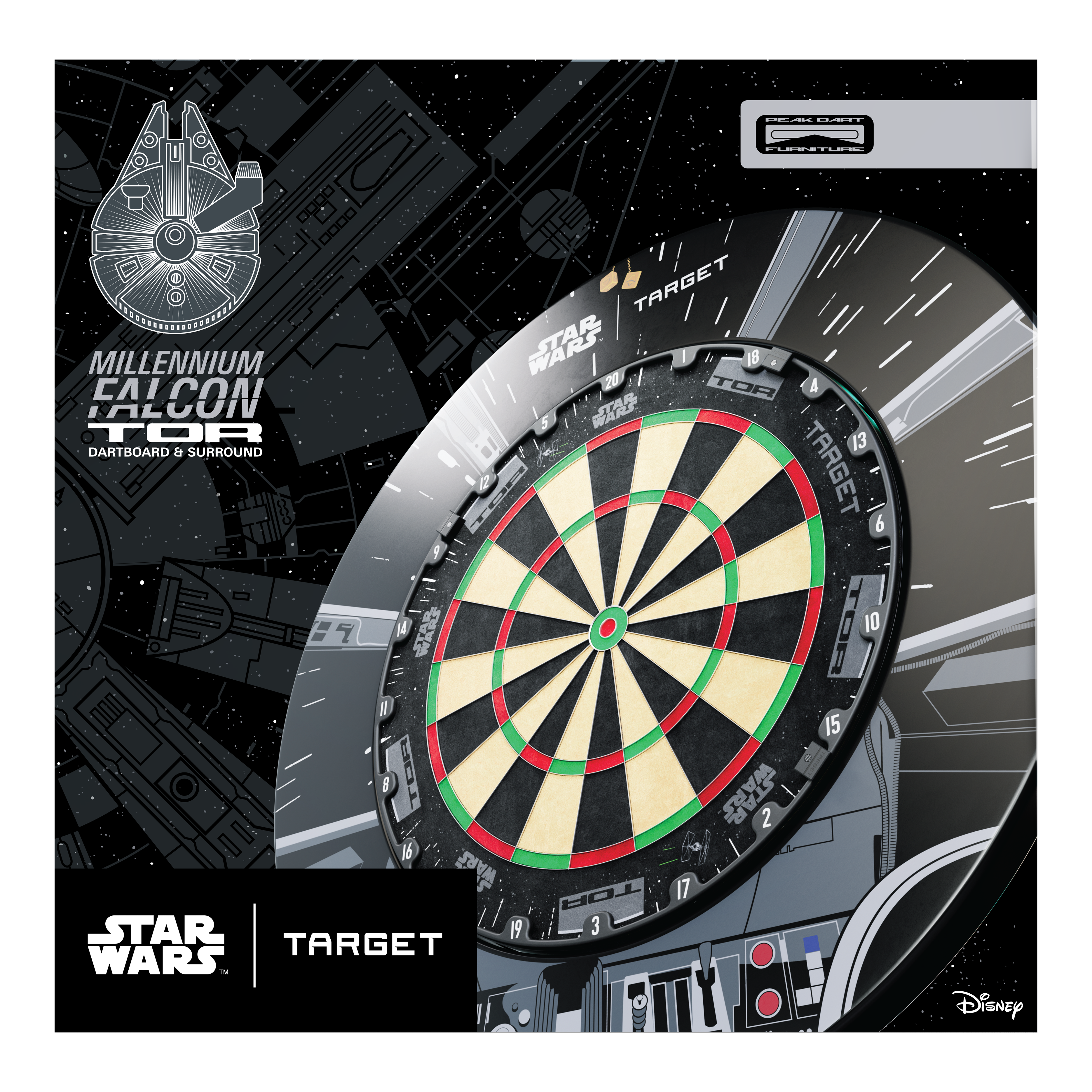 Auf dem Bild ist das Target Star Wars Millennium Falcon Surround Board Bundle zu sehen. Das Produkt richtet sich an Fans von Star Wars und Darts.