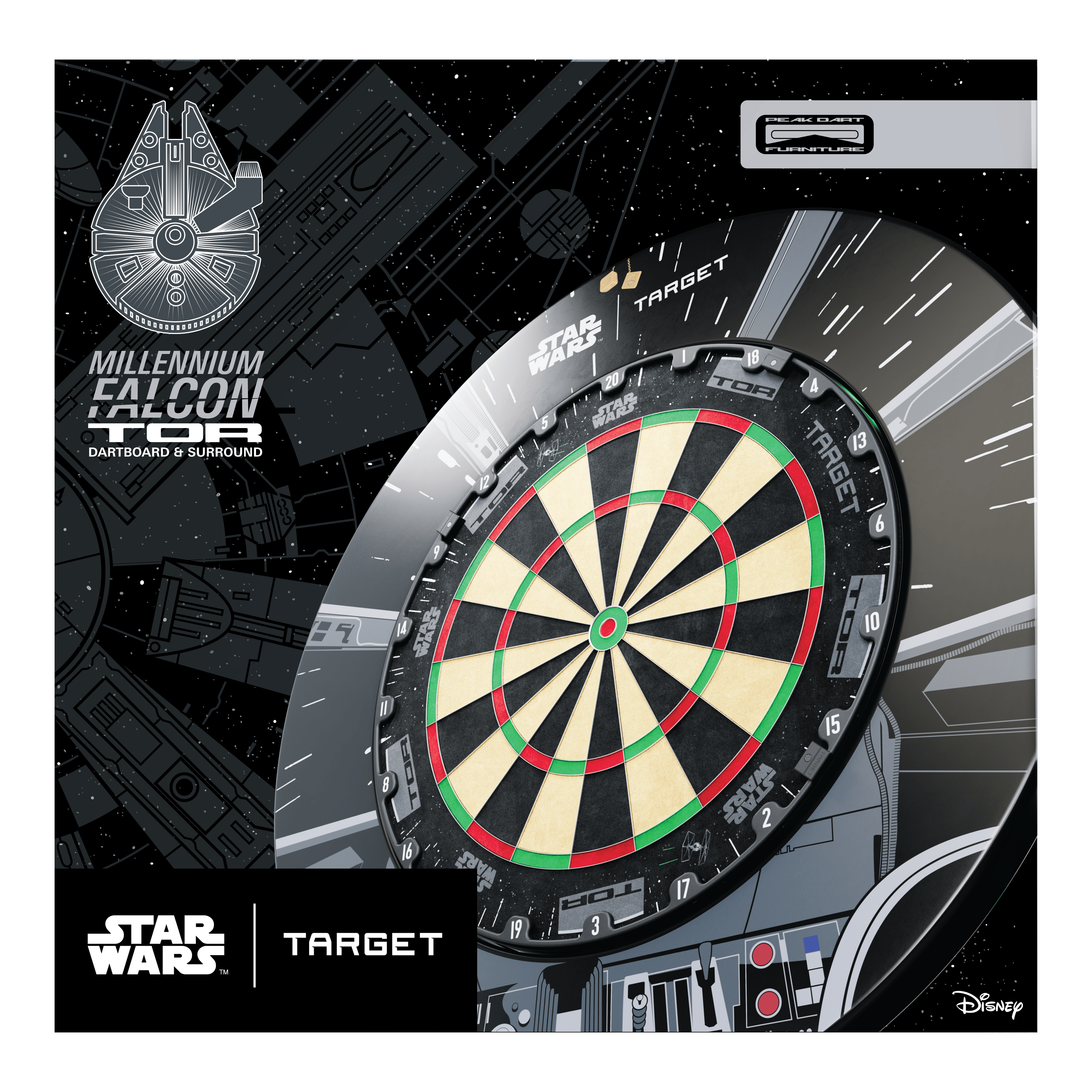 Target Star Wars Millennium Falcon TOR Dartboard Surround Bundle Auf dem Bild ist das Target Star Wars Millennium Falcon Surround Board Bundle zu sehen. Das Produkt richtet sich an Fans von Star Wars und Darts.