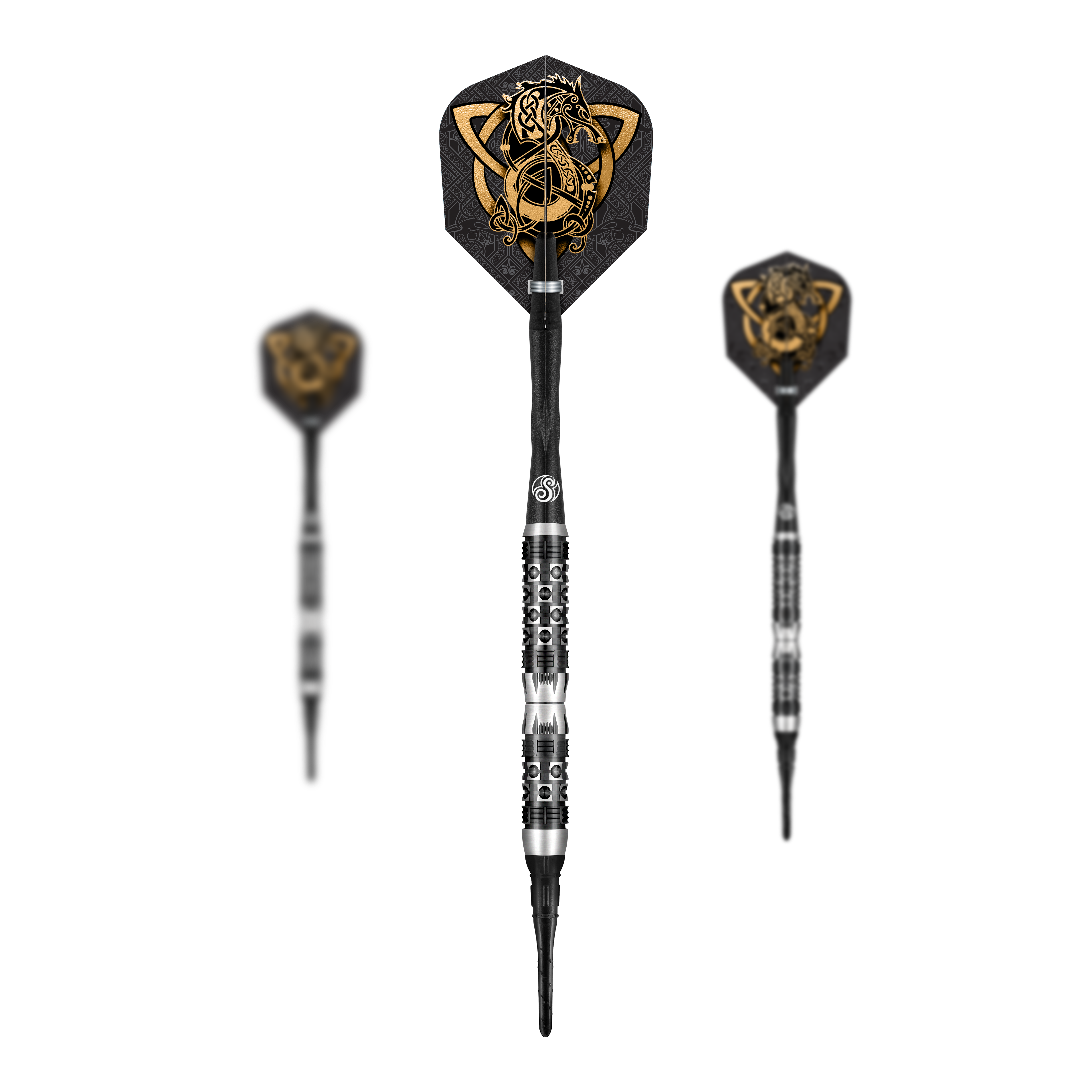 Shot Viking Wolf soft darts - 20g Das Bild zeigt das Produkt "Shot Viking Wolf Softdarts - 20g". In der Mitte ist ein detaillierter Softdart mit nordischem Wolf-Design in Gold und Schwarz zu sehen.