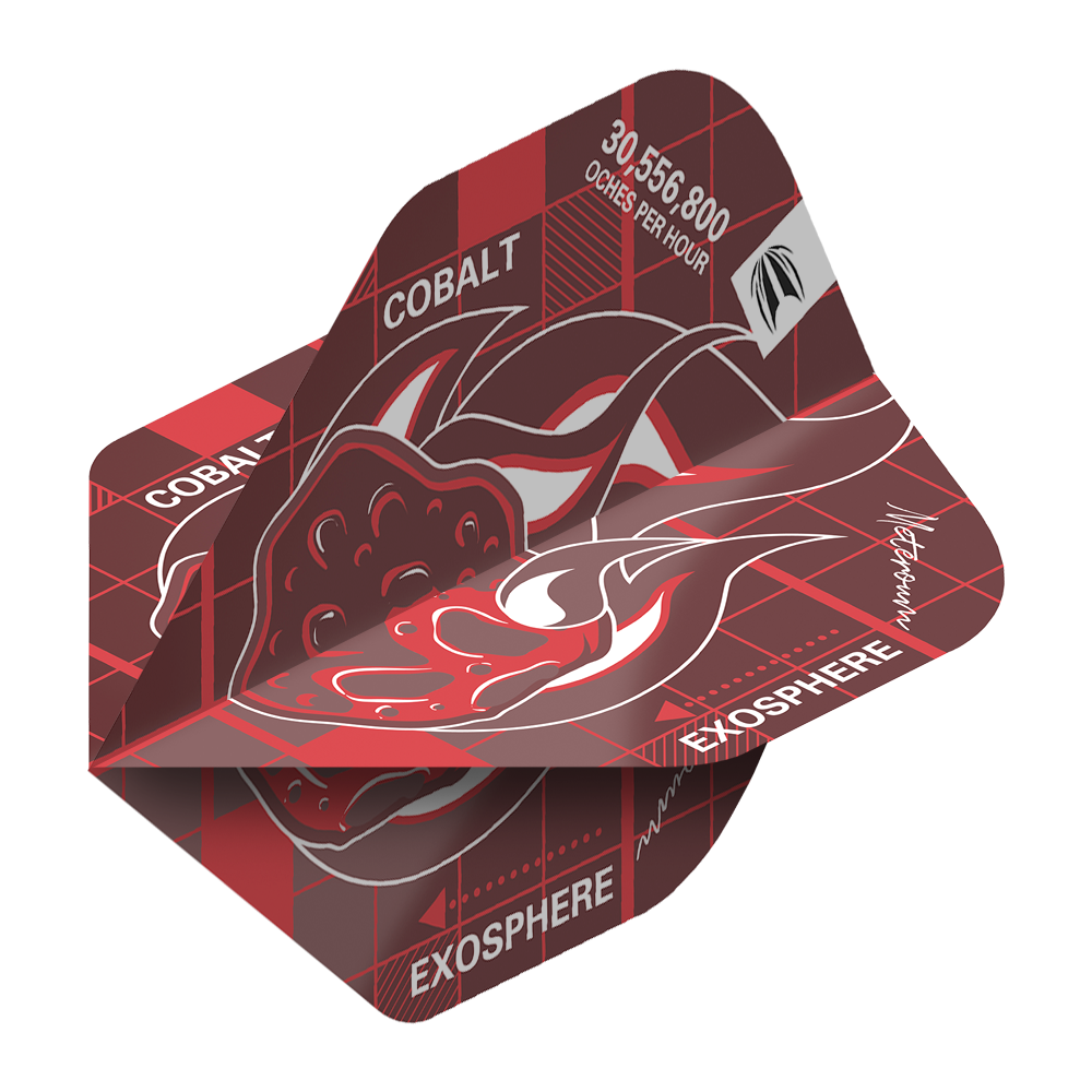 Das Bild zeigt die Target Blueprint Pro Red No2 Standard Flights mit einem roten und schwarzen Grafikdesign. Auf den Flights sind die Wörter "COBALT" und "EXOSPHERE" sowie eine dynamische Illustration abgebildet.