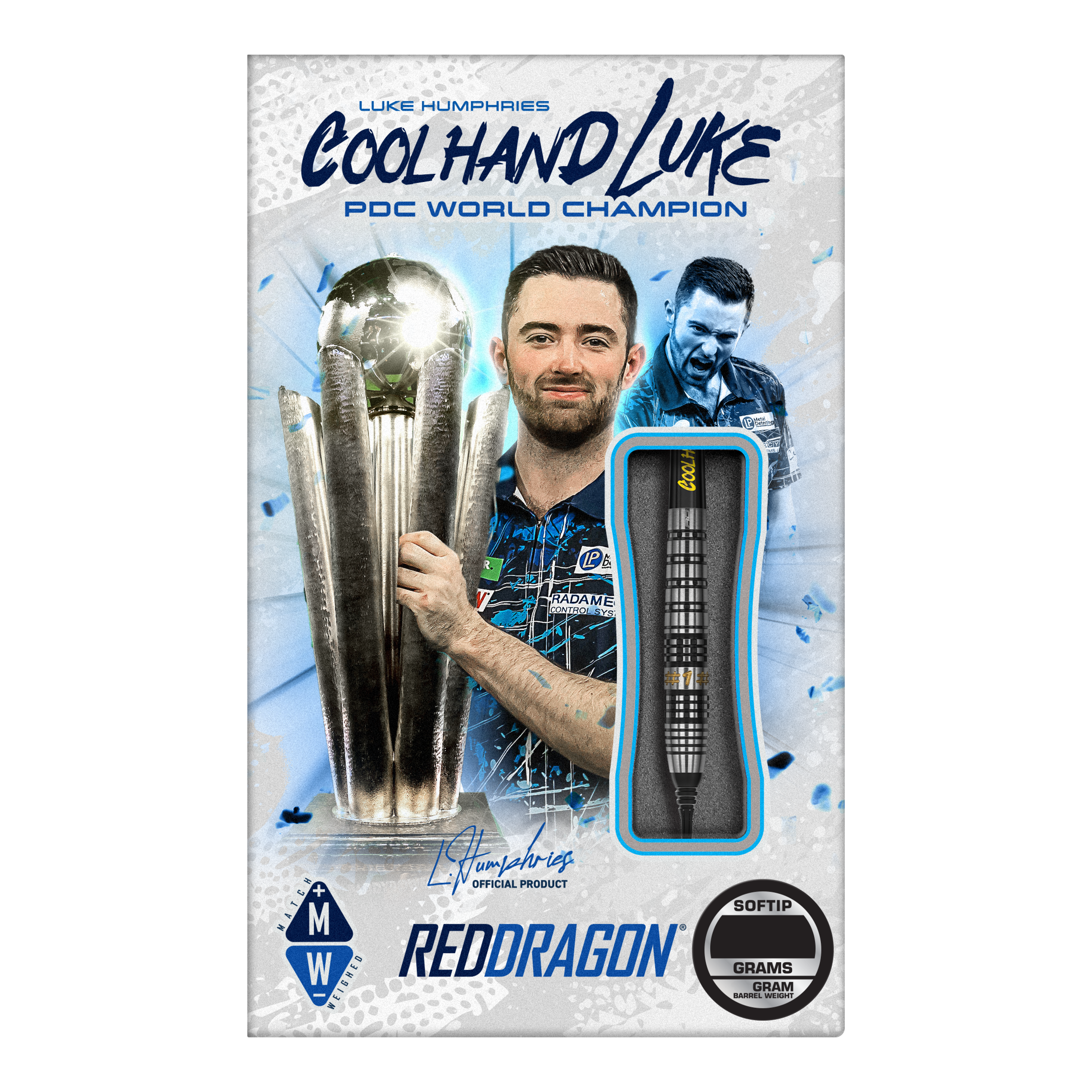 Red Dragon Luke Humphries Prestige Soft Darts - 20g Das Bild zeigt die Verpackung der "Red Dragon Luke Humphries Prestige Softdarts - 20g". Auf der Verpackung ist ein Foto von Luke Humphries mit einem Pokal zu sehen, sowie ein einzelner Dartpfeil als Produktabbildung.