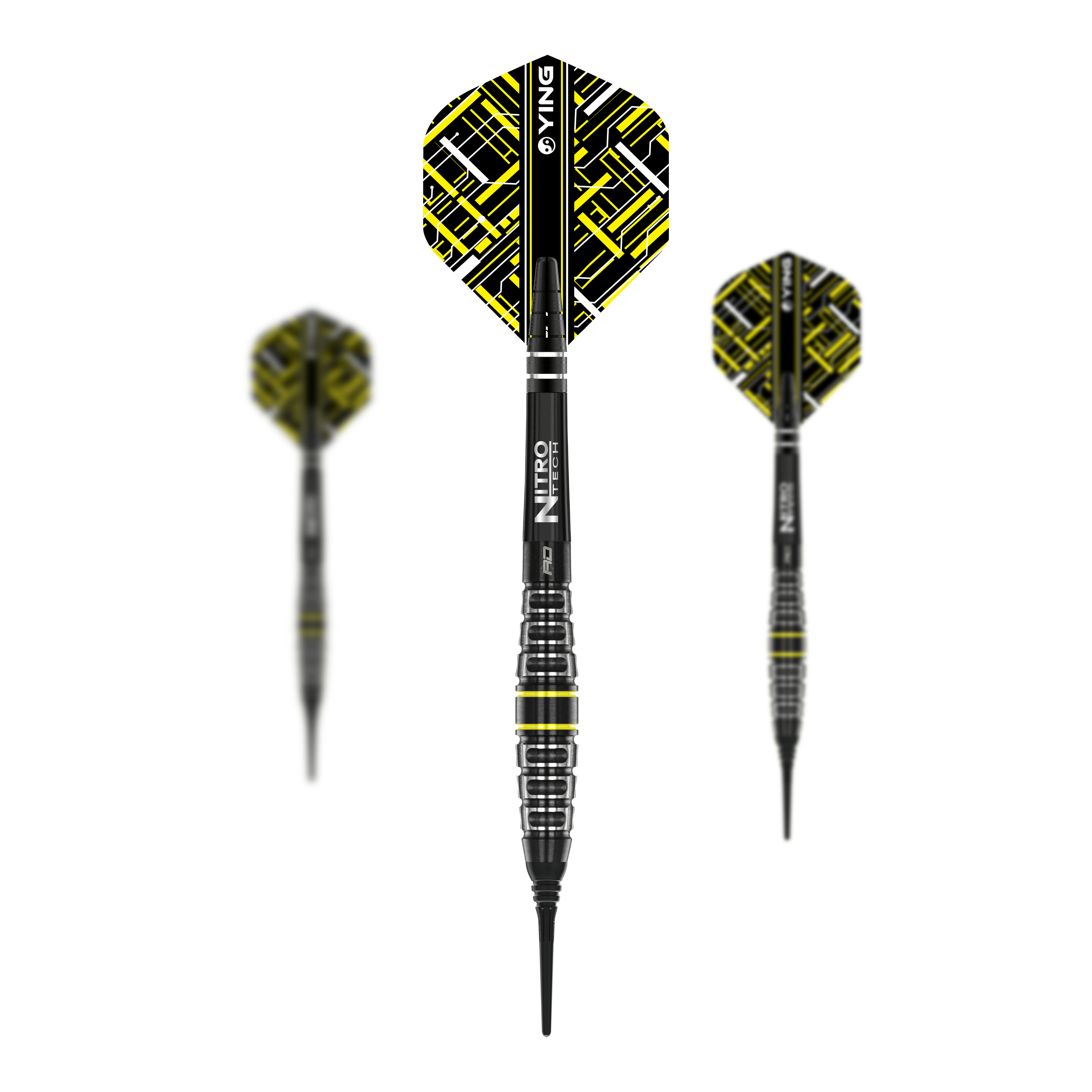Red Dragon Astraeus Q4X Torpedo Soft Darts - 20g Das Bild zeigt drei Softdarts des Modells "Red Dragon Astraeus Q4X Torpedo - 20g". Die Darts haben schwarze Schäfte mit gelben und weißen Akzenten und ein auffälliges Flight-Design.