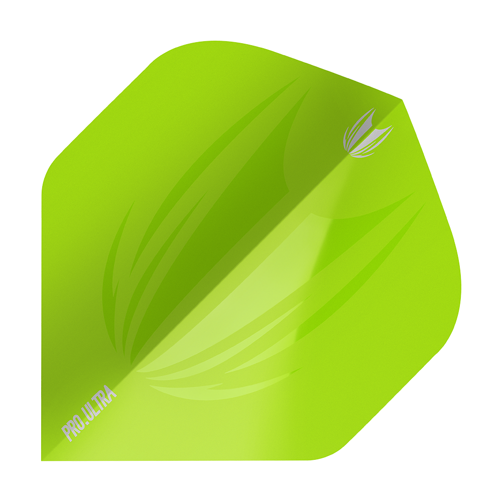 TG436_Target_ProUltra_ID_Lime_Green_No2_Standard_Flights_1nt2G20eYiEQoT Das Bild zeigt ein limegrünes Dartflight mit dem Aufdruck "PRO ULTRA". Das Flight hat ein modernes Design mit einem stilisierten Muster und ist in der Standardform gehalten.