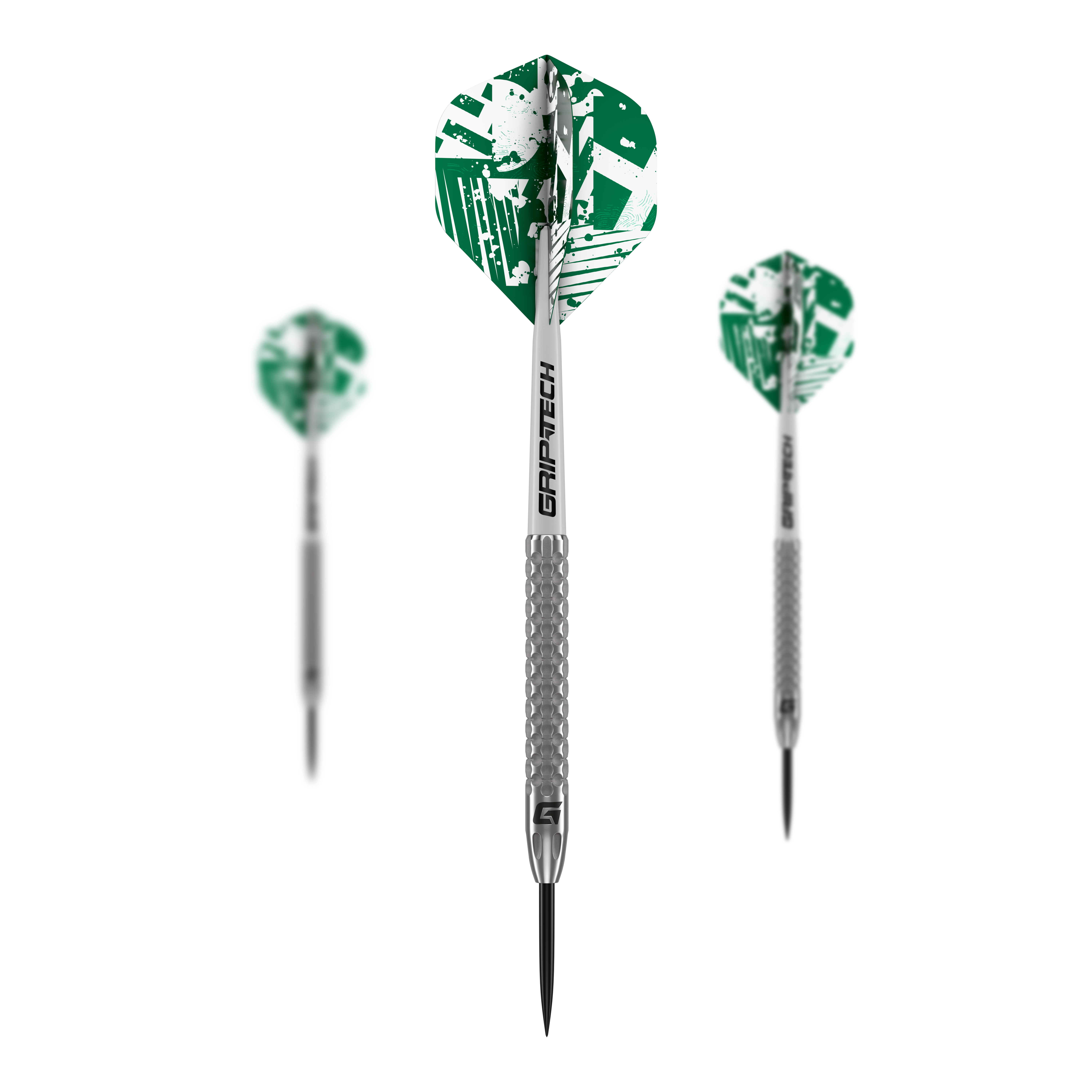 GOAT Fairway V2 Tungsten Steel Darts Das Bild zeigt drei GOAT Fairway V2 Tungsten Steeldarts mit silbernen Schäften und grünen Flights. Auf den Schäften steht "GRIPTECH" und die Darts haben eine strukturierte Griffzone.