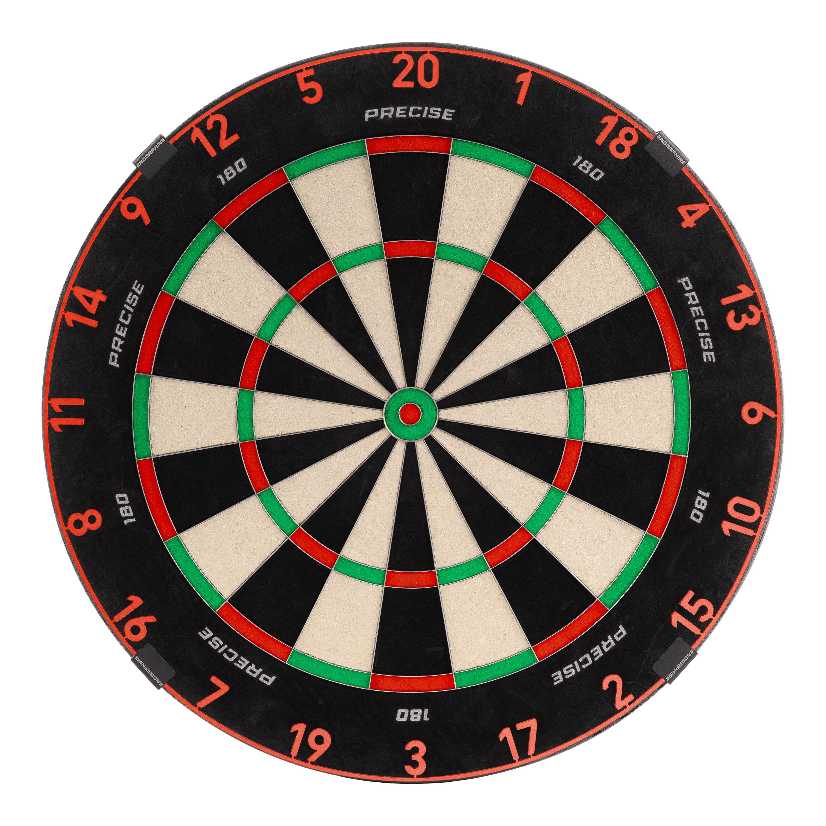 Zu sehen ist das Precise 180 Endorphine Steeldartboard mit Nummernring in Inferno Red. Es bietet eine professionelle Spielfläche für Darts.