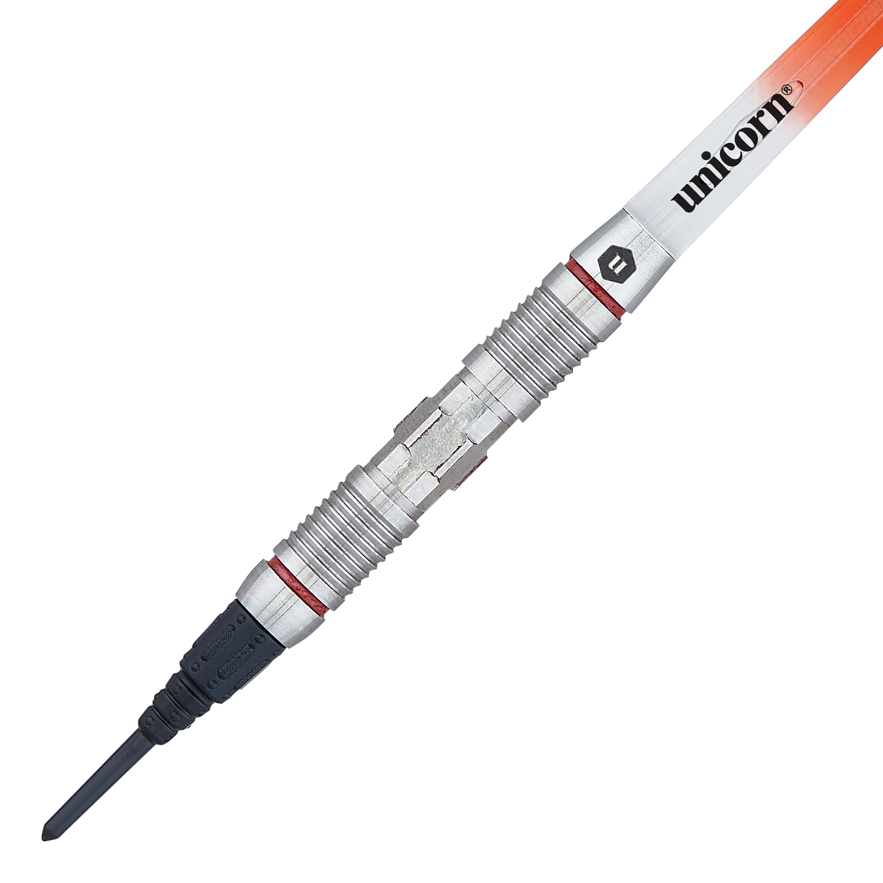 Unicorn Ballista Style 2 soft darts Das Bild zeigt einen Softdart namens "Unicorn Ballista Style 2". Der Dart hat einen silbernen, geriffelten Schaft und eine orangefarbene Flight mit der Aufschrift "unicorn".