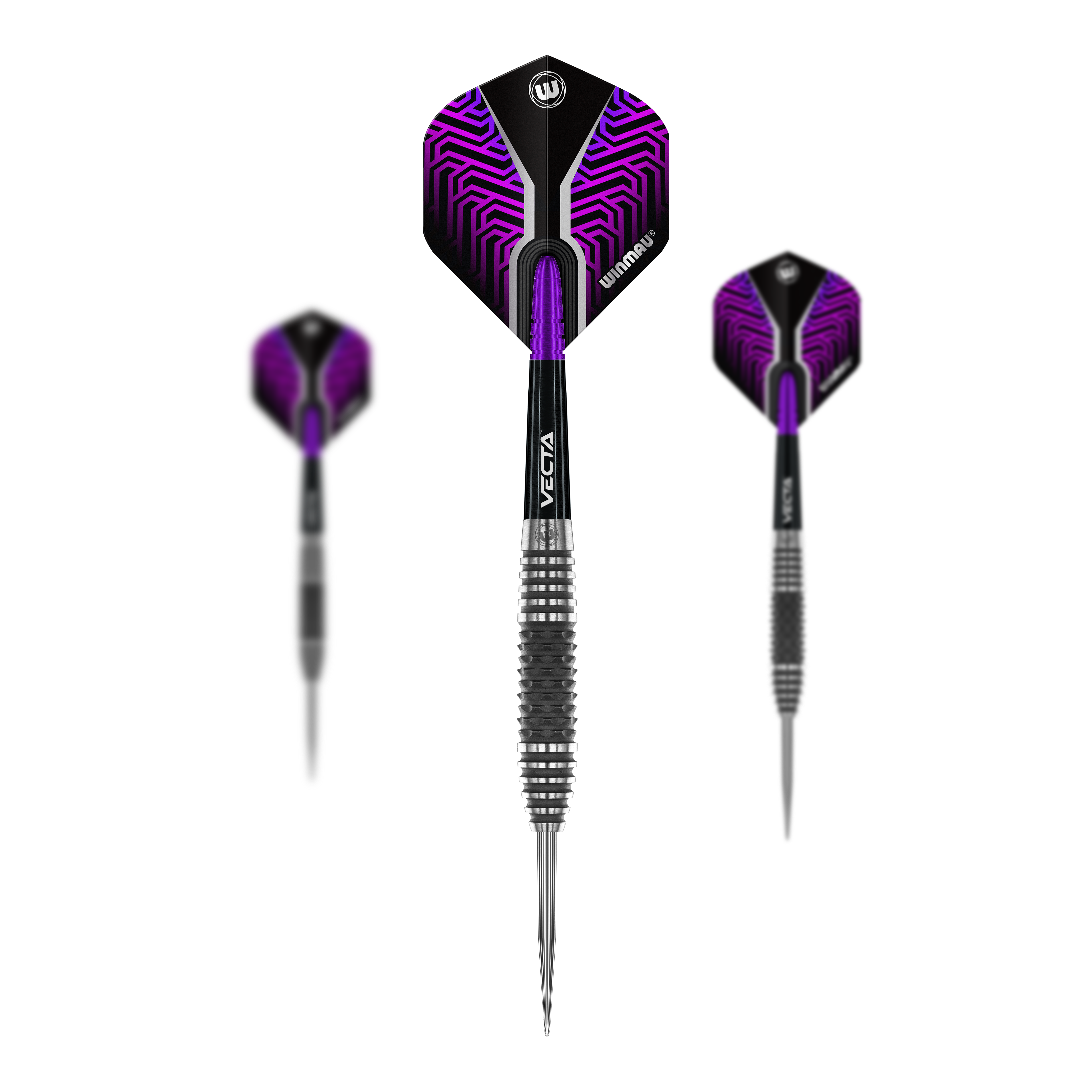 Winmau Kairos 01 Steeldarts Das Bild zeigt drei Winmau Kairos 01 Steeldarts mit einer schwarzen und violetten Optik. Die Flights haben ein auffälliges Muster und die Spitzen bestehen aus Metall.