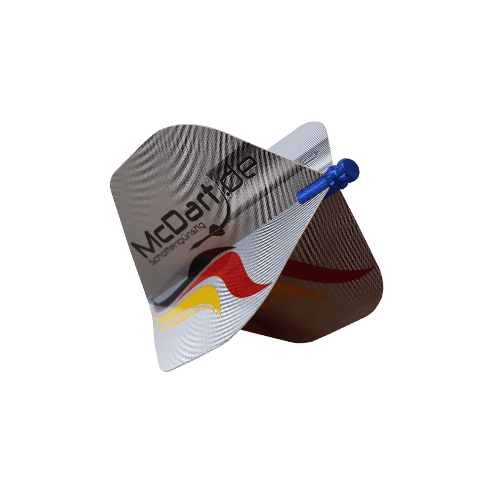 Das Bild zeigt einen Alu Flightschoner, der an einem Dartflight befestigt ist. Auf dem Flight ist das Logo "McDart.de" sowie eine rot-gelbe Welle zu sehen.